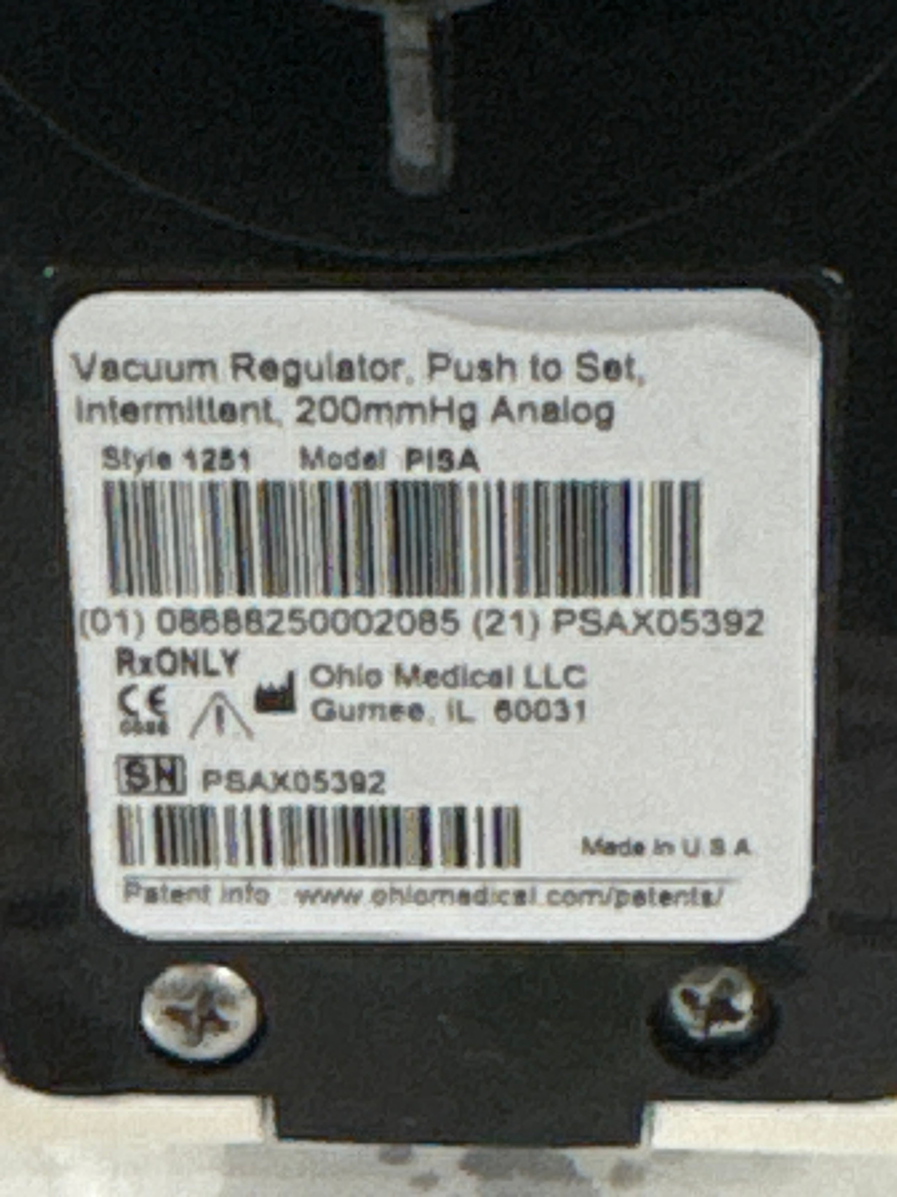 Ohio Medical Corporation Push to Set Vacuum Regulator