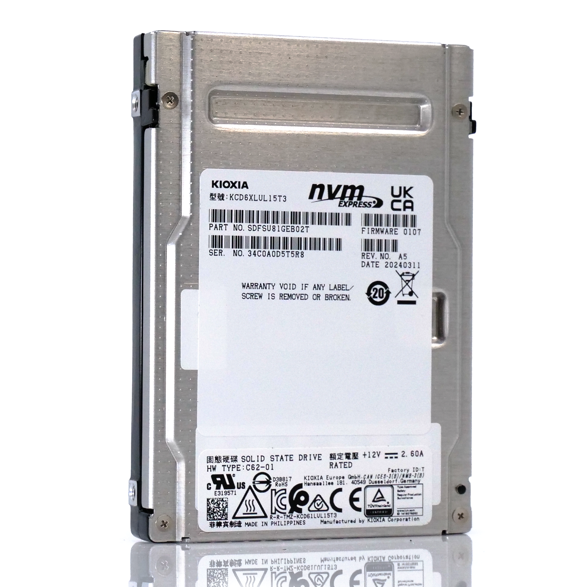 Kioxia CD6-R KCD6XLUL15T3 15.36TB PCIe Gen 4.0 X4 8GB/s 3D TLC 1 DWPD U.3 NVMe 2.5in Enterprise Solid State Drive