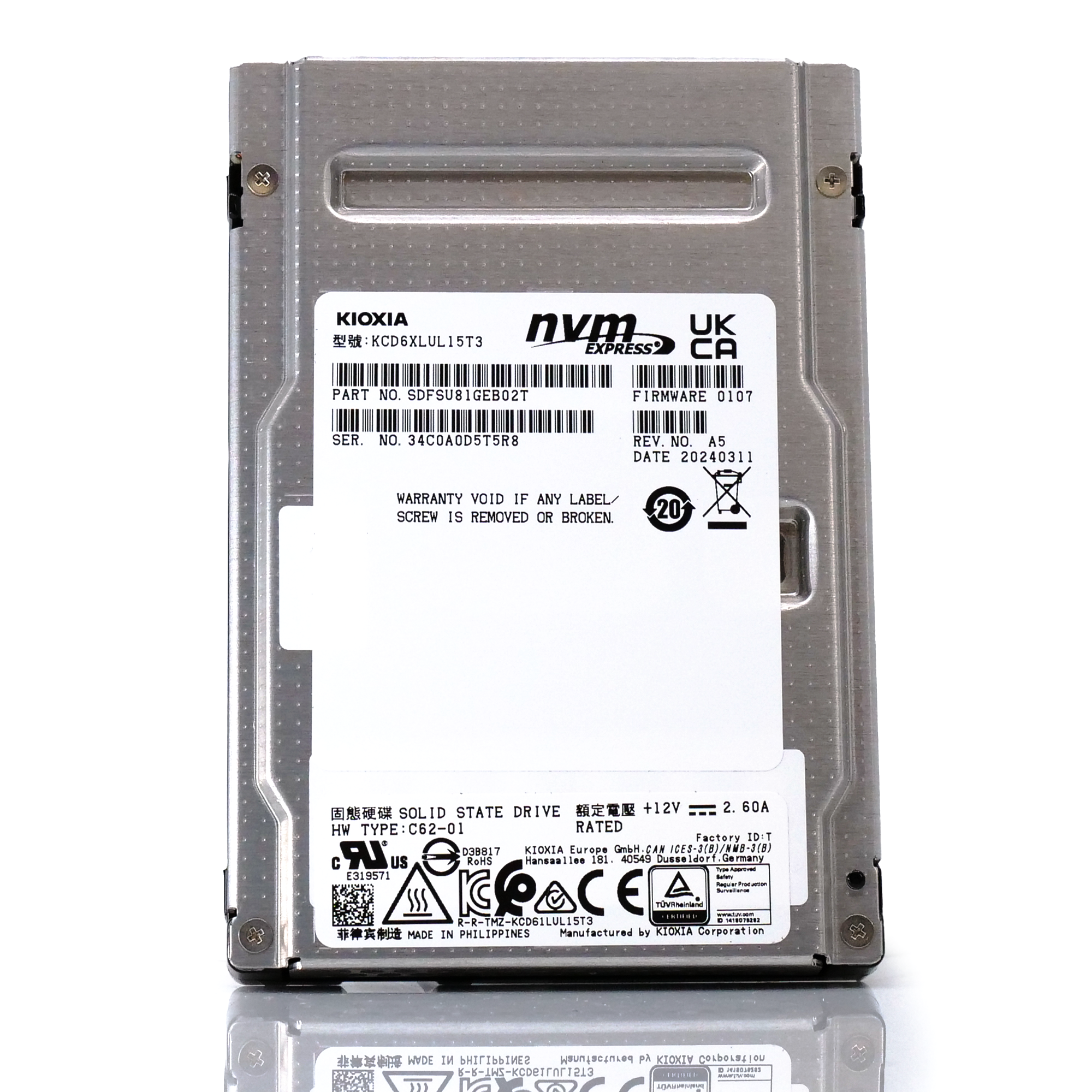 Kioxia CD6-R KCD6XLUL15T3 15.36TB PCIe Gen 4.0 X4 8GB/s 3D TLC 1 DWPD U.3 NVMe 2.5in Enterprise Solid State Drive