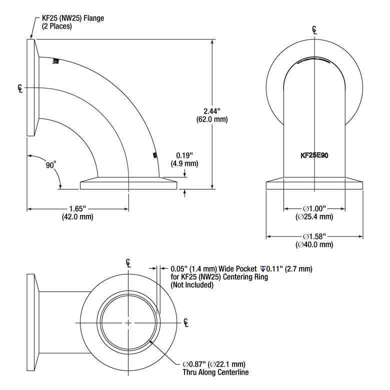 T-KF25T - Three-Way Tee Fitting with KF25 Vacuum FLanges