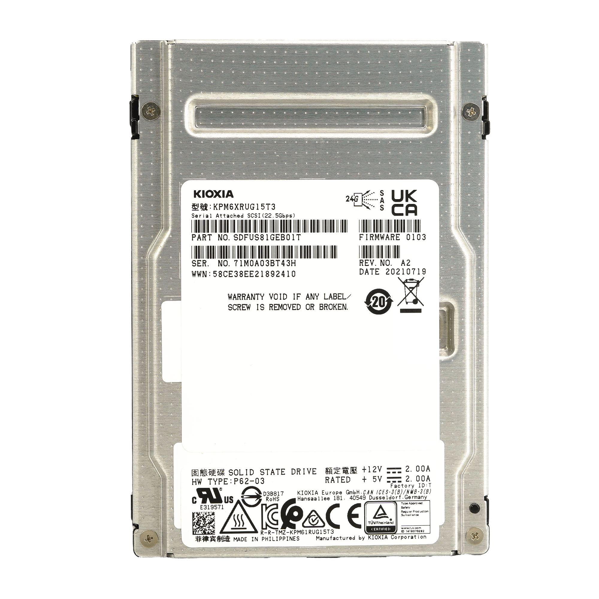 Kioxia PM6-R KPM6XRUG15T3 15.36TB SAS 24Gb/s 1DWPD SIE 2.5in Refurbished SSD