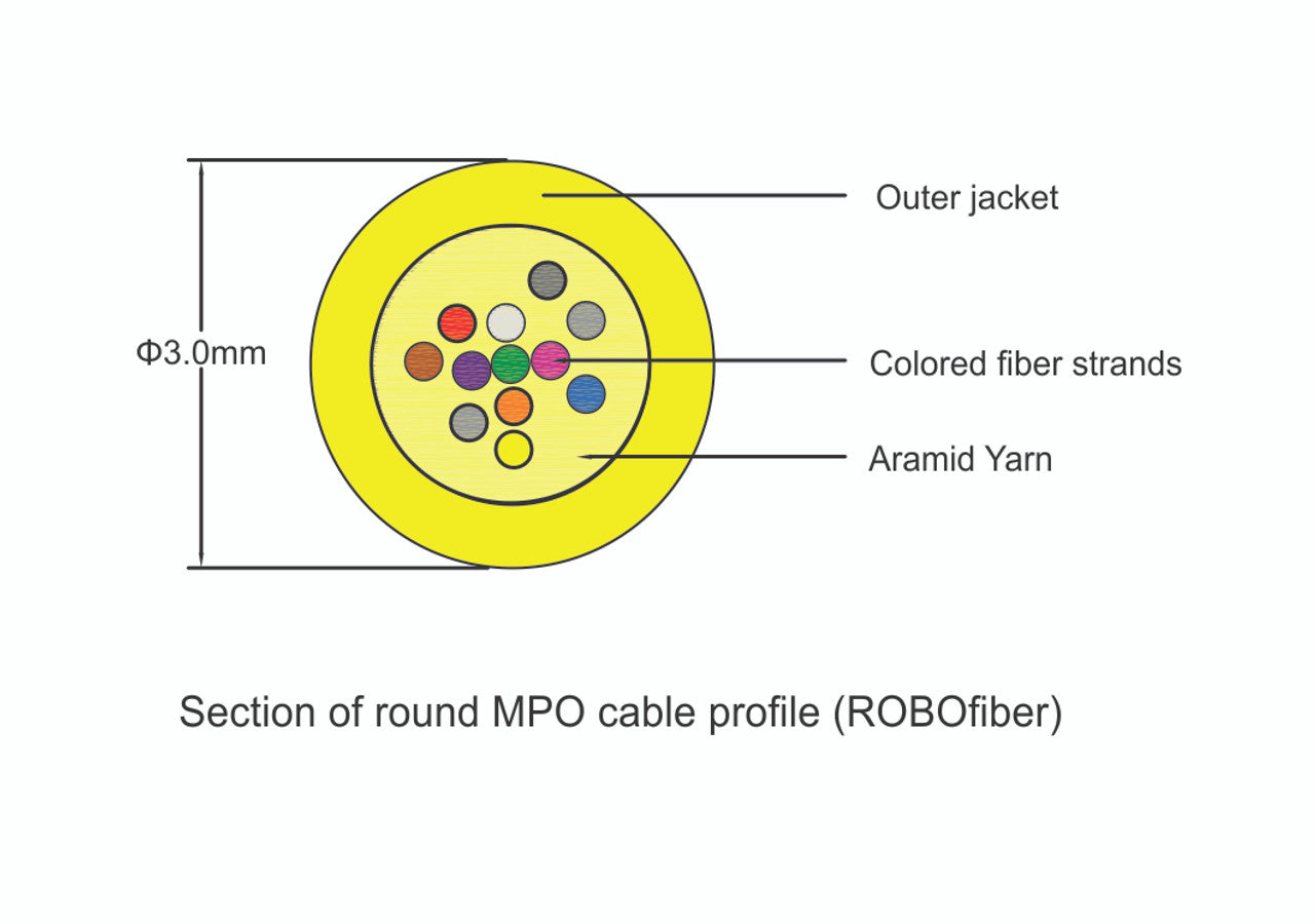 MPO female to MPO female fiber optic patch cord cable, 12 strands, Elite Low IL, SMF, 2m length, B polarity