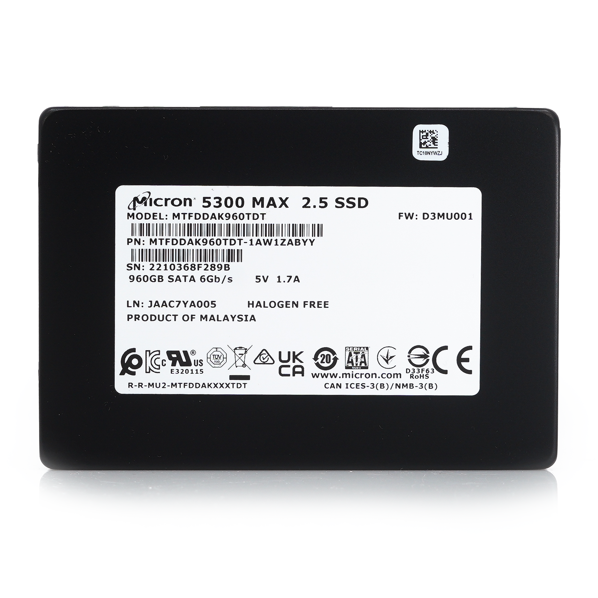 Micron 5300 MAX MTFDDAK960TDT 1AW1ZABYY 960GB SATA 6Gb/s 3D TLC 5DWPD 2.5in Enterprise Solid State Drive