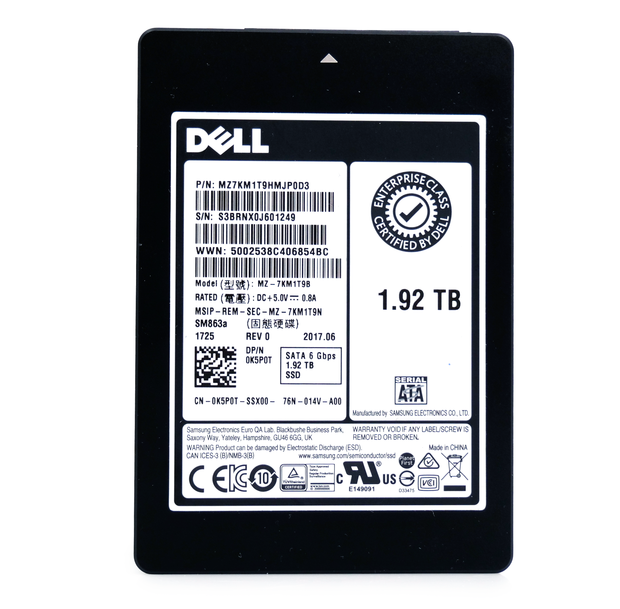 Dell/Samsung SM863a MZ7KM1T9HMJP0D3 0K5P0T 1.92TB SATA 6Gb/s MLC 3.5DWPD 2.5in Mixed-Use Solid State Drive