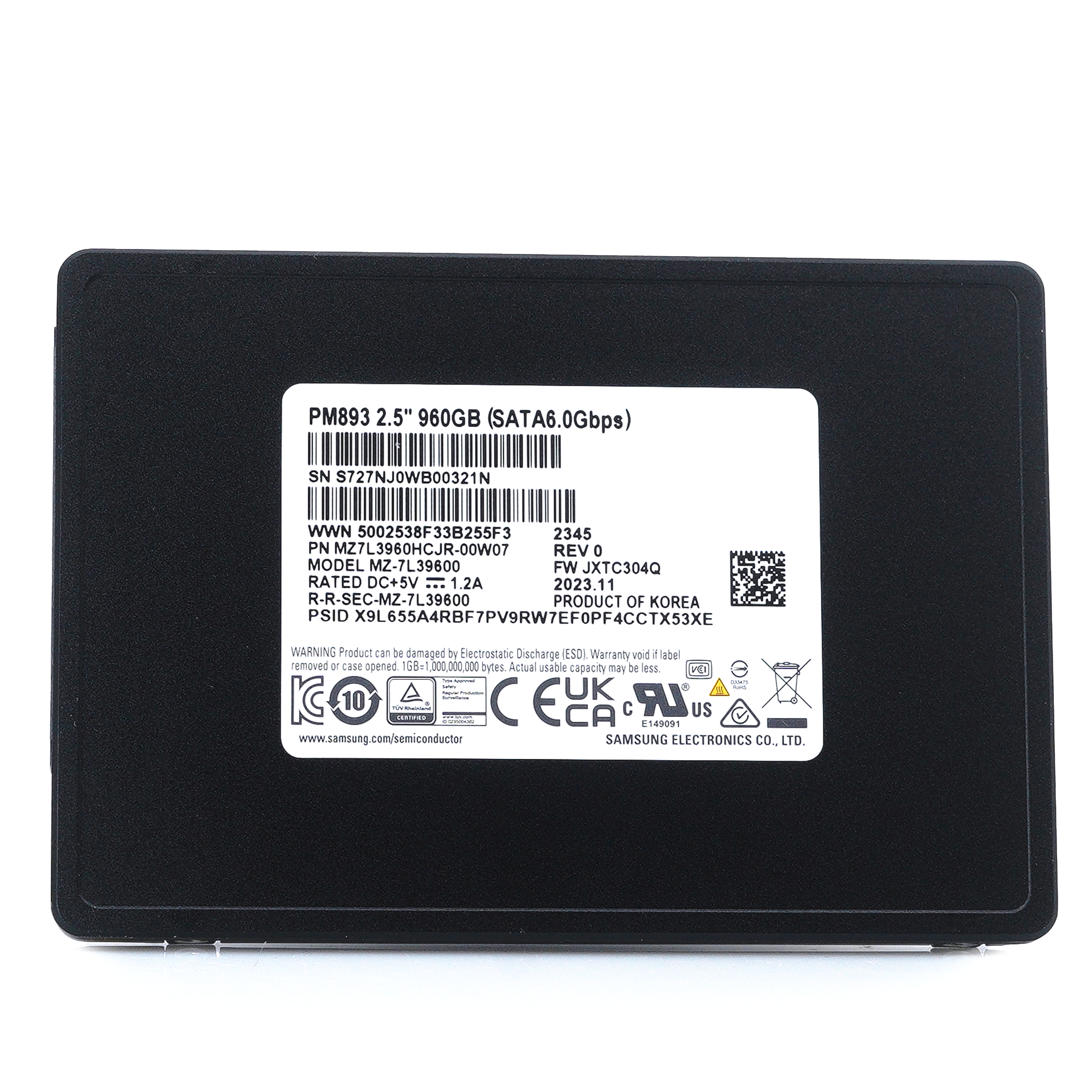Samsung PM893 MZ-7L39600 MZ7L3960HCJR-00A07 960GB SATA 6Gb/s 2.5in Recertified Solid State Drive