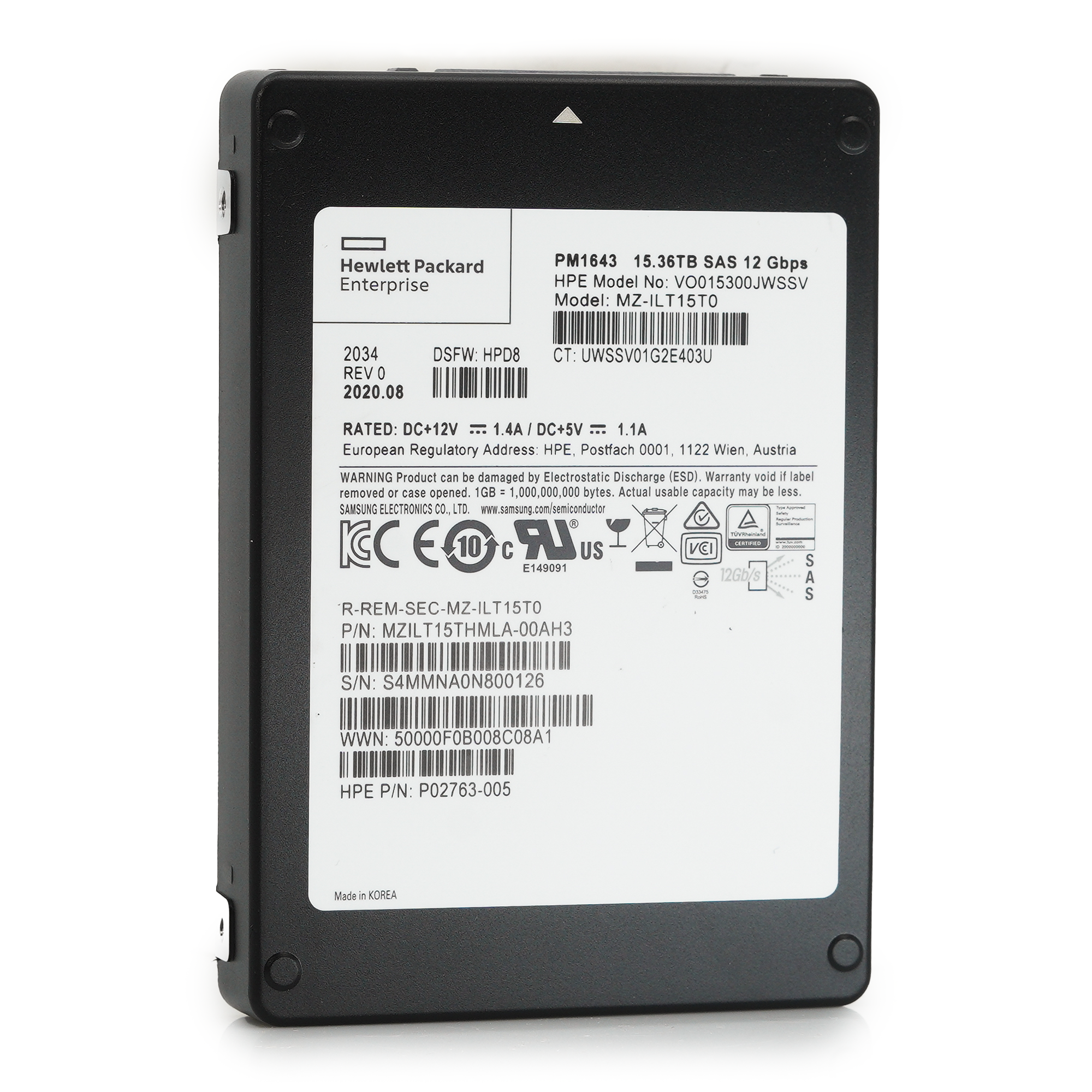 HPE / Samsung PM1643 MZILT15THMAL P02763-005 15.36TB SAS 12Gb/s 3D TLC 2.5in Solid State Drive