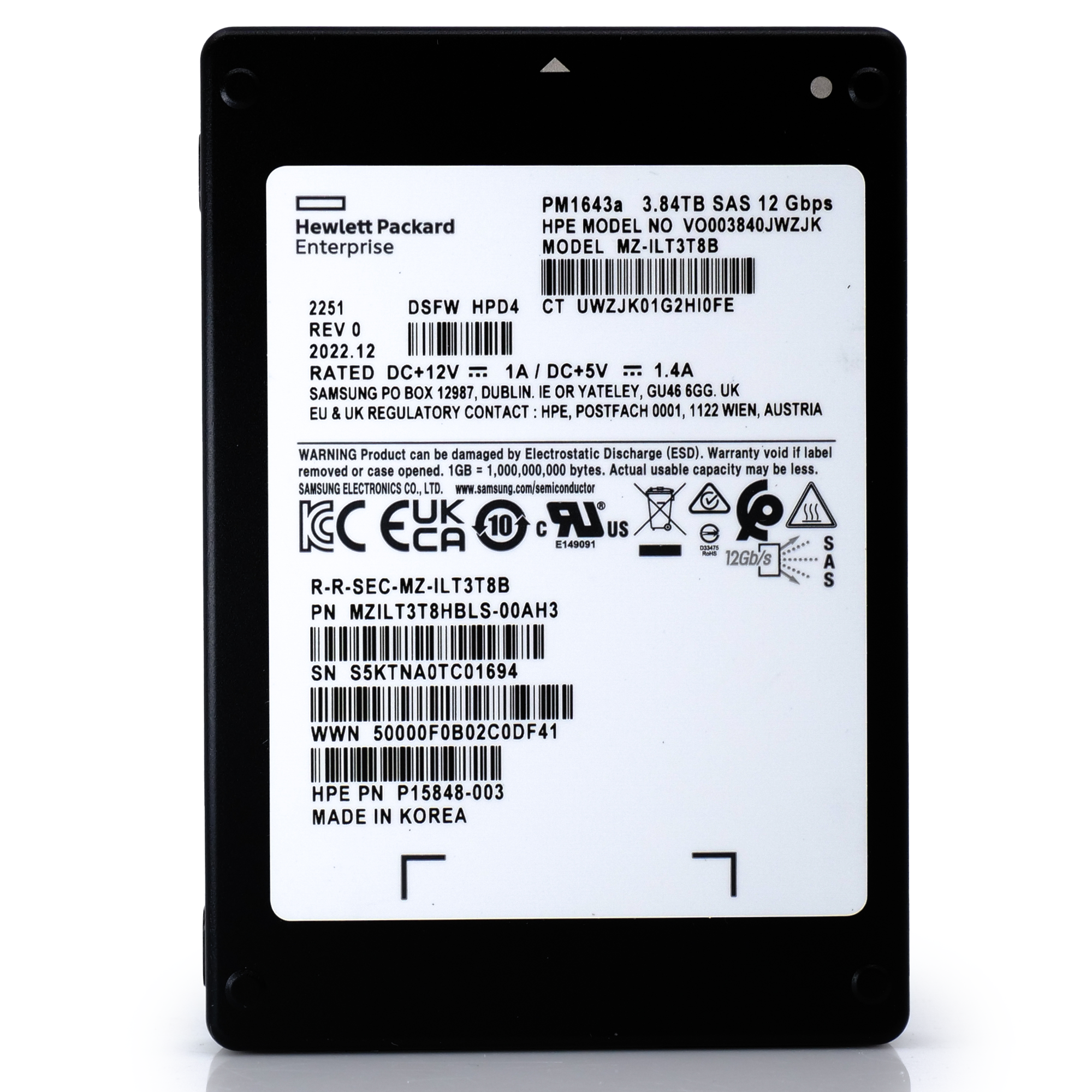 HP/Samsung PM1643a MZILT3T8HBLS 3.84TB SAS 12Gb/s 3D TLC 1 DWPD 2.5in Solid State Drive