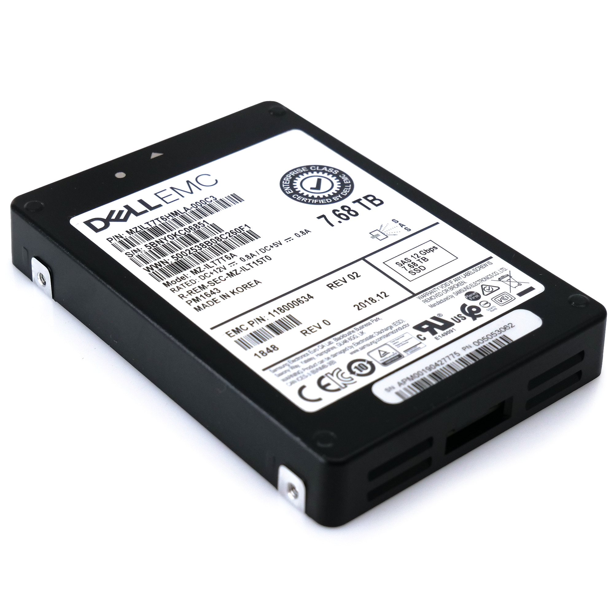 Dell/Samsung PM1643 MZILT7T6HMLA MZ-ILT7T6A 7.68TB SAS 12Gb/s 512e 1 DWPD 2.5in Refurbished SSD
