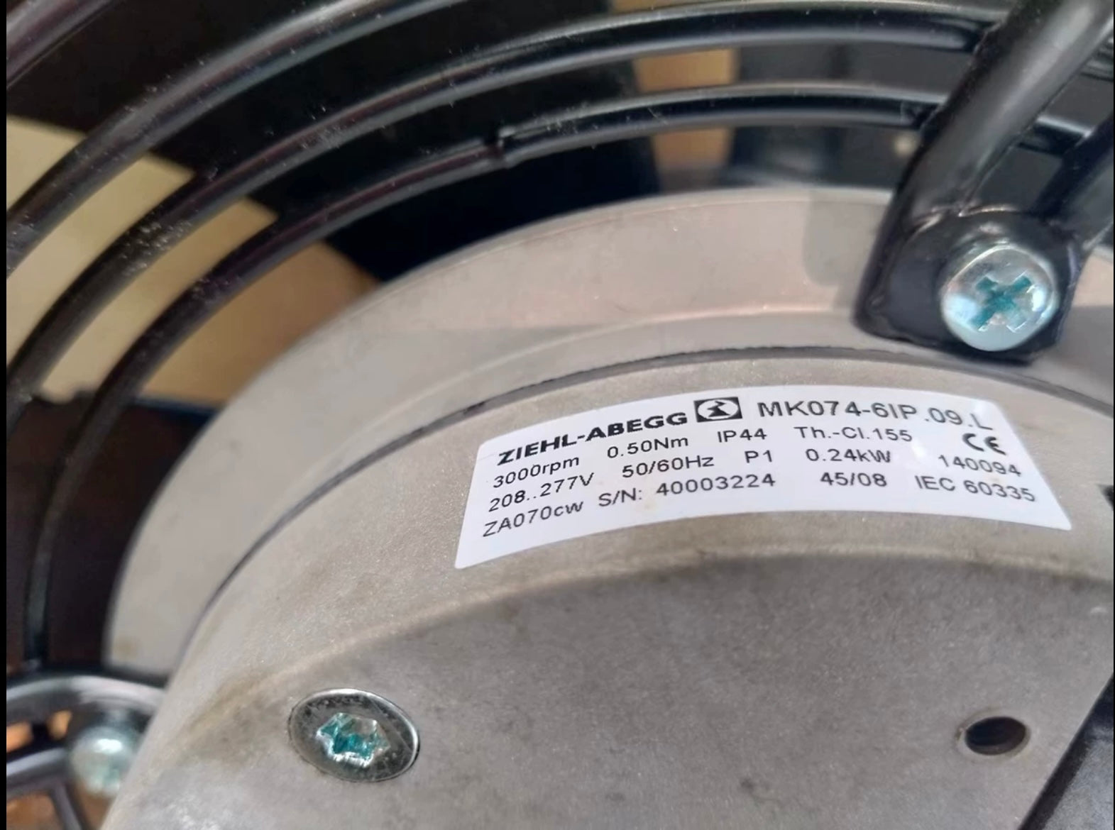 FN025-6IK.OE.V7 MK074-6IK.09.L  ZIEHL-ABEGG Axial Fan 0.23kW 200/277V 1.65/1.2A 3000rpm