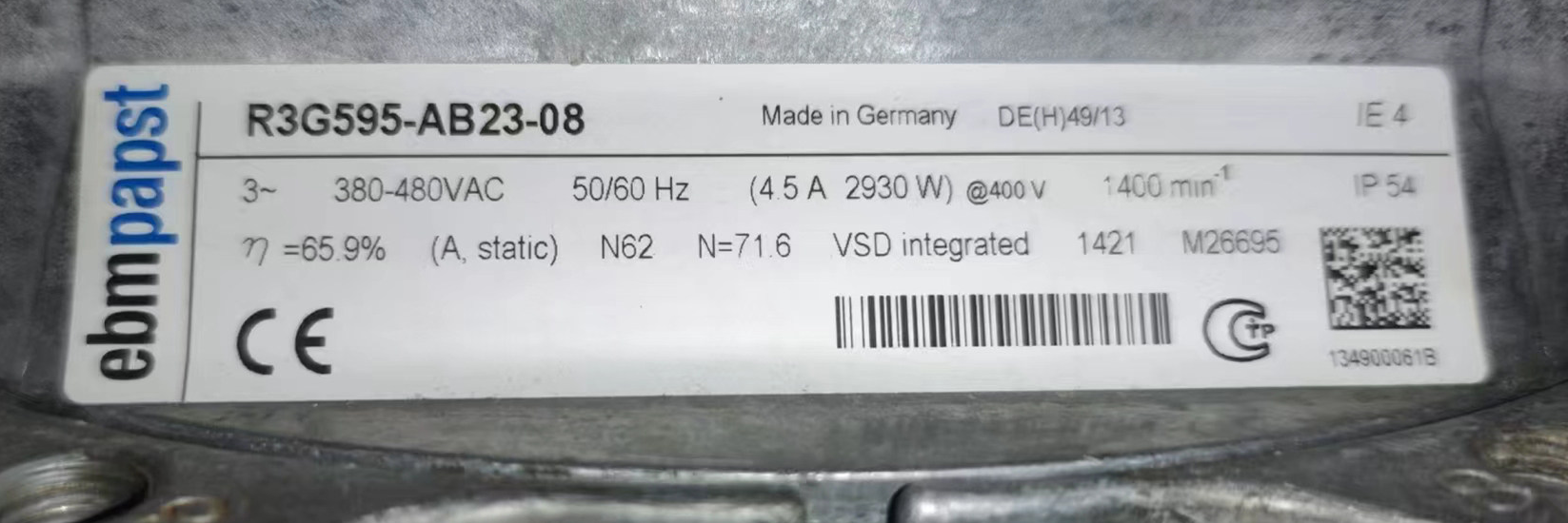 R3G595-AB23-08 ebm-papst centrifugal fan 400V 2930W 4.5A 1400rpm