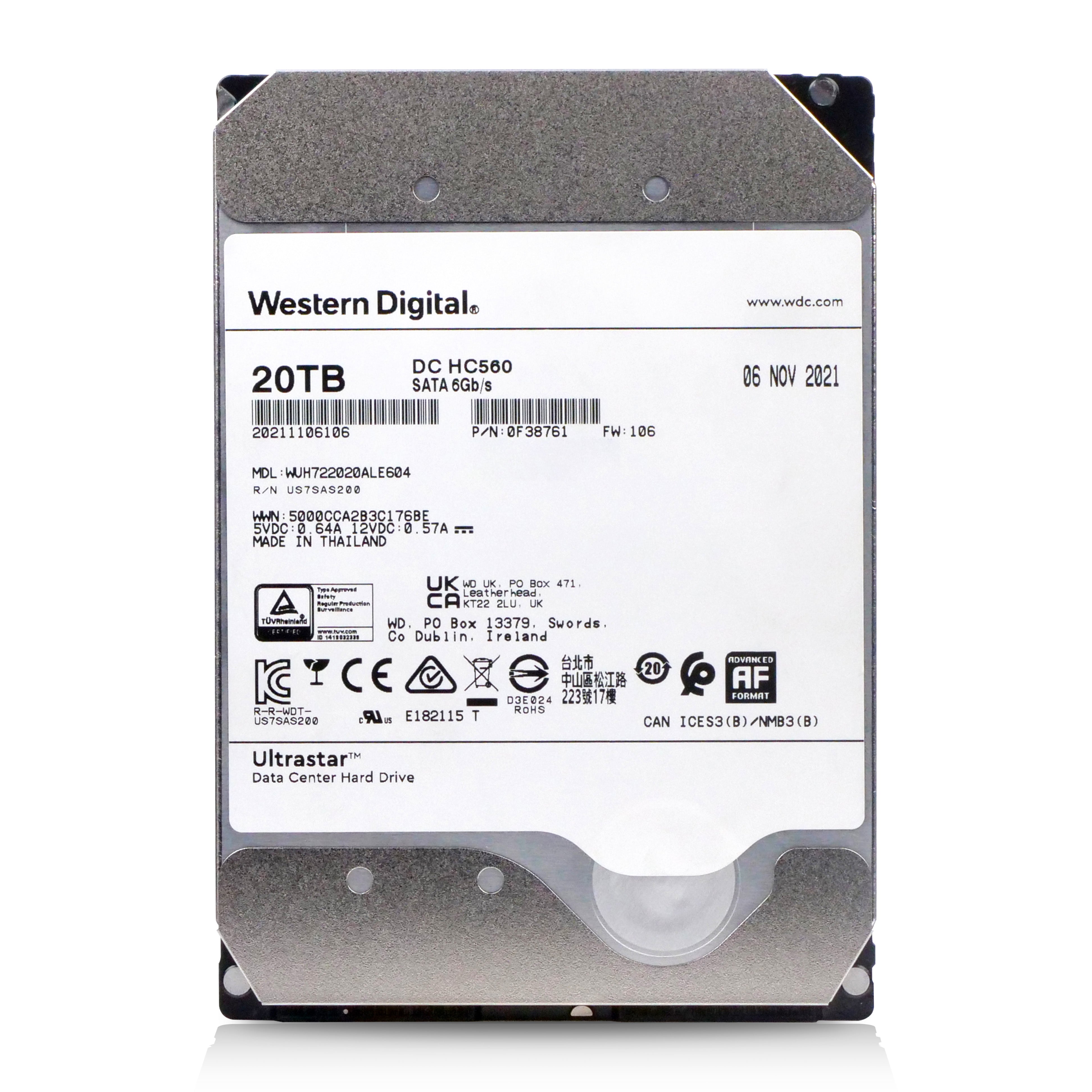 Western Digital Ultrastar DC HC560 WUH722020ALE604 0F38761 20TB 7.2K RPM SATA 6Gb/s 512e 3.5in Hard Drive