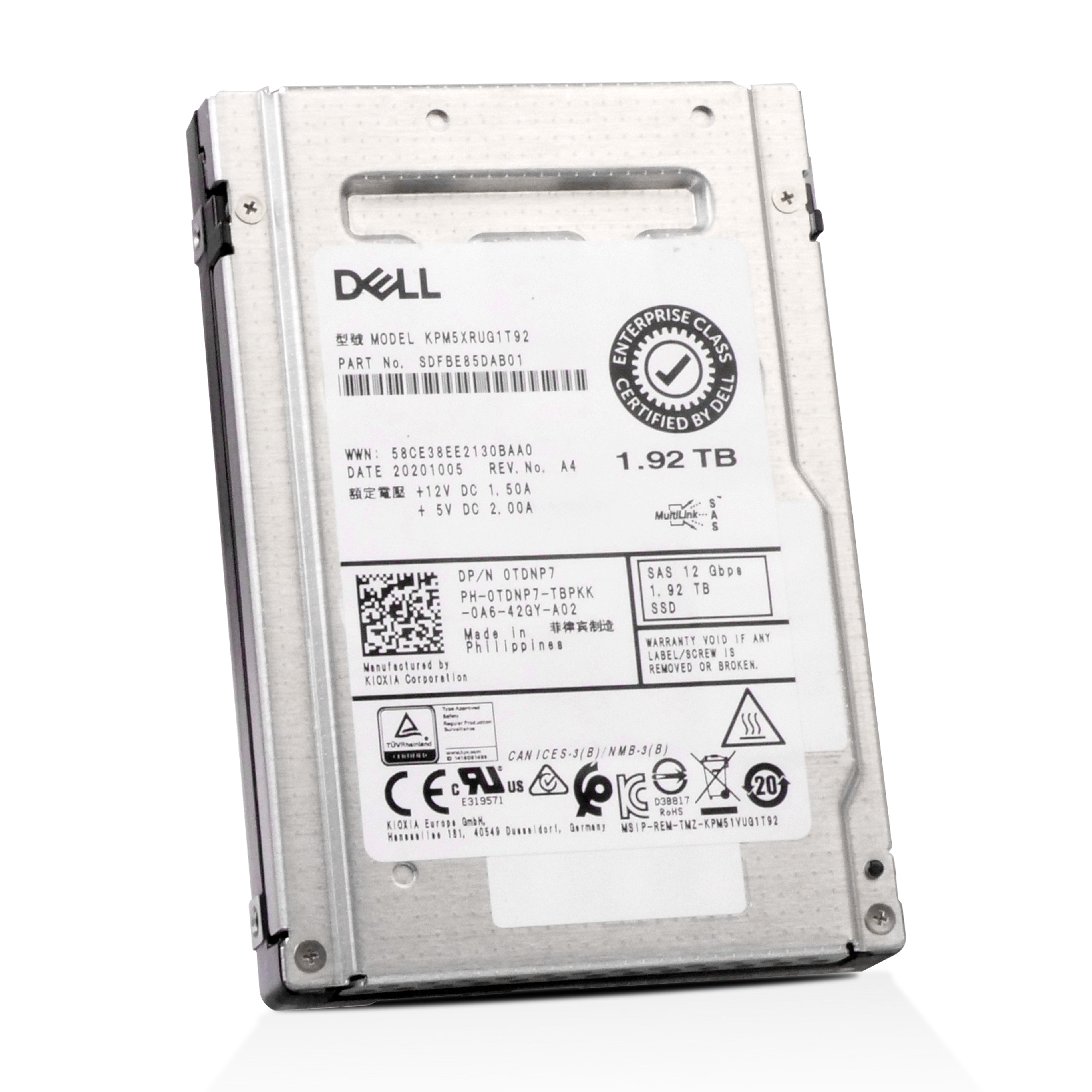 Kioxia/Dell PM5-R KPM5XRUG1T92 1.92TB 1 DWPD SAS 12Gb/s Read Intensive 3D TLC 2.5in Refurbished SSD