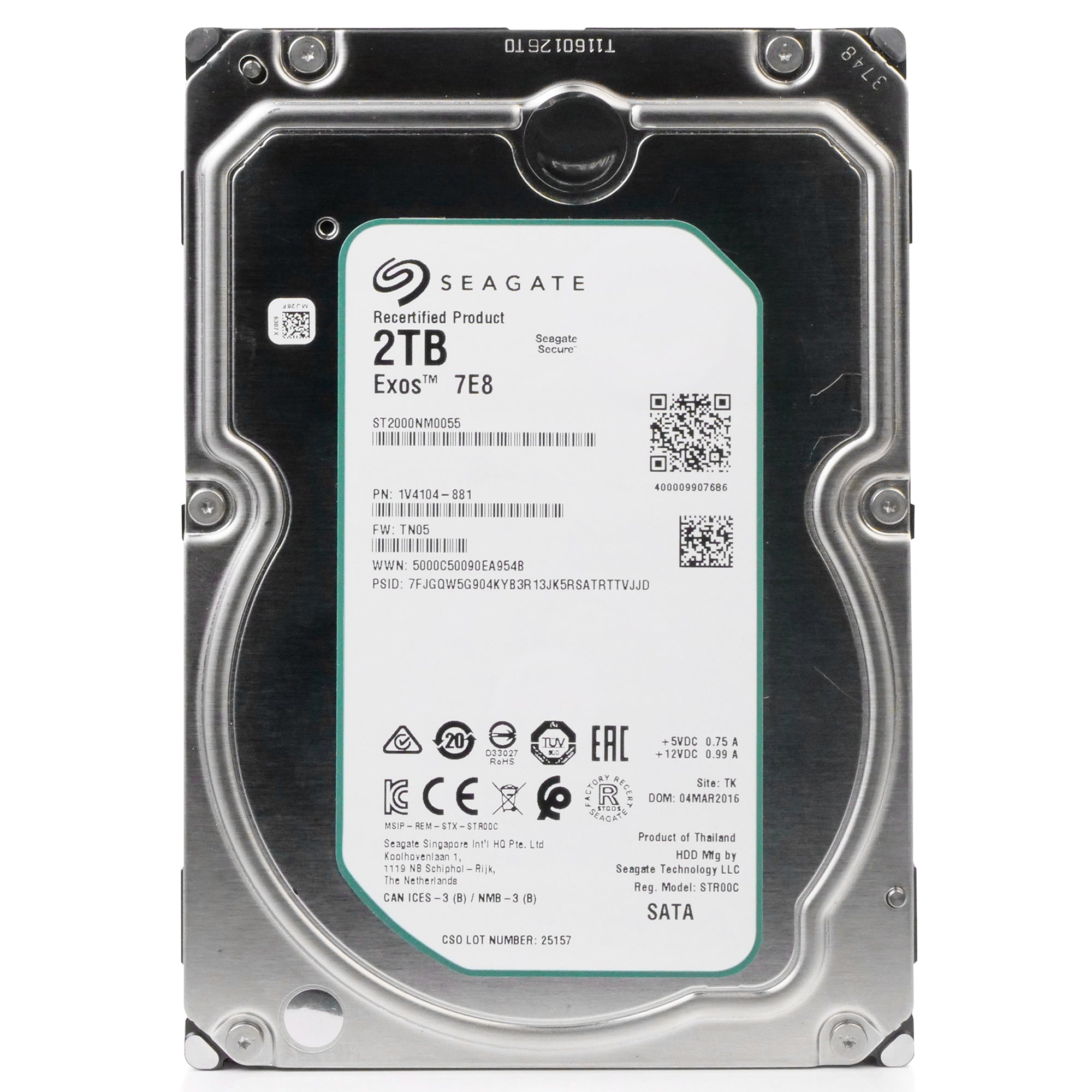 Seagate Exos 7E8 ST2000NM0055 2TB 7.2K RPM SATA 6Gb/s 512n 128MB 3.5in Recertified HDD