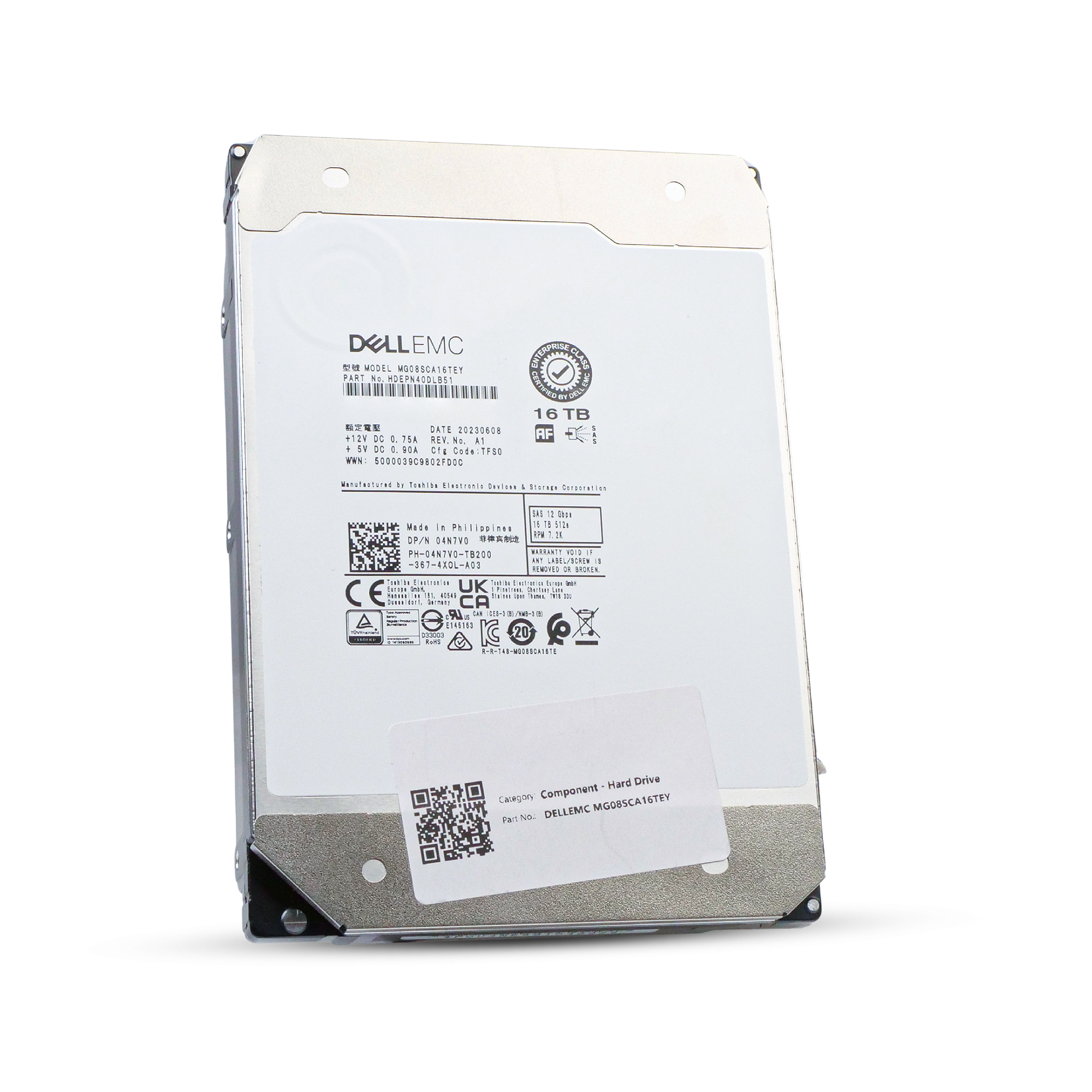 Dell/Toshiba MG08 MG08SCA16TEY 16TB 7.2K RPM SAS 12Gb/s 512e 512MB 3.5in Refurbished HDD