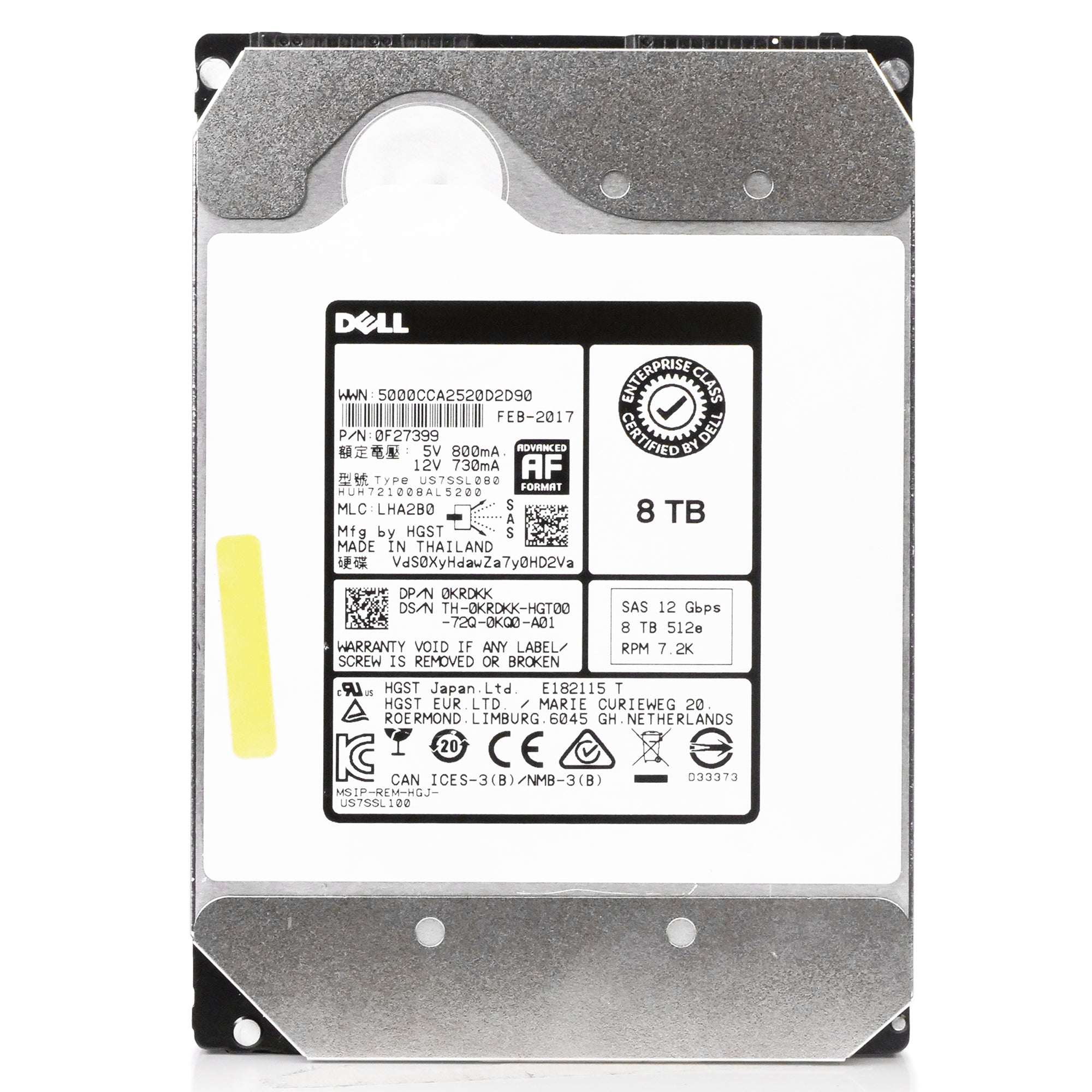 Dell/HGST Ultrastar He10 HUH721008AL5200 0F27399 8TB 7.2K RPM SAS 12Gb/s 512e 256MB 3.5in HDD