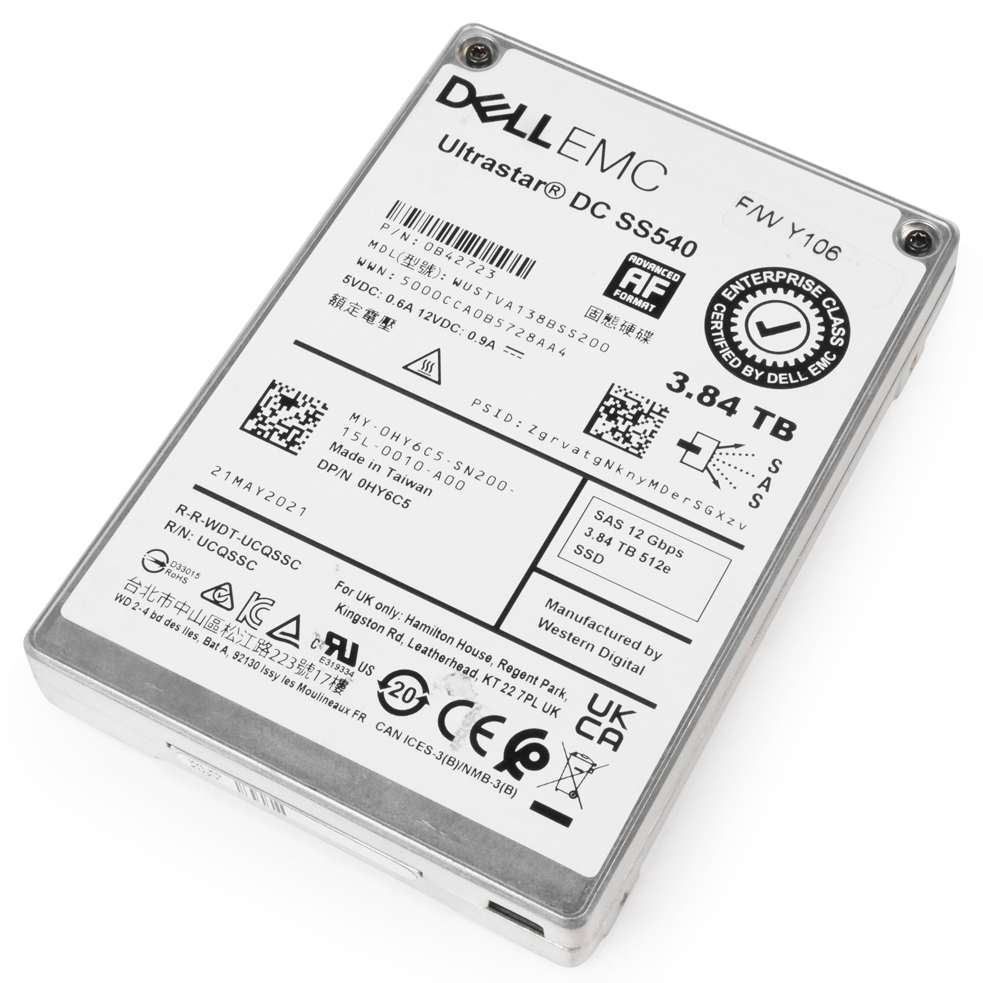 Dell/WD Ultrastar DC SS540 WUSTVA138BSS200 0B42723 3.84TB 1 DWPD SAS 12Gb/s 512e 2.5in Read Intensive Refurbished SSD