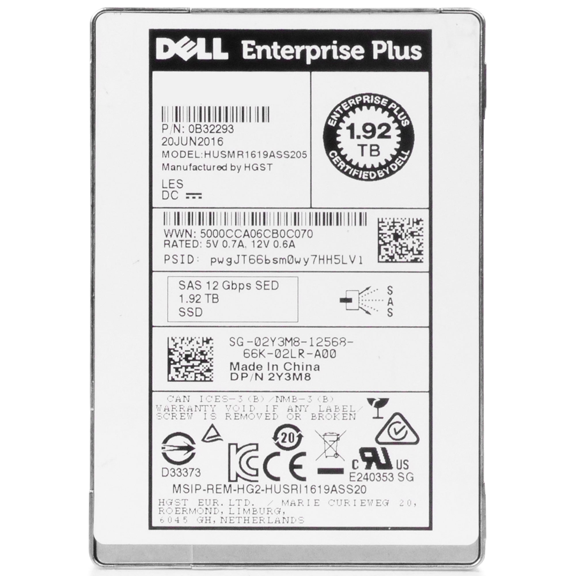 Dell/HGST Ultrastar SSD1600MR HUSMR1619ASS205 0B32293 1.92TB 1 DWPD SAS 12Gb/s MLC 2.5in Refurbished SSD