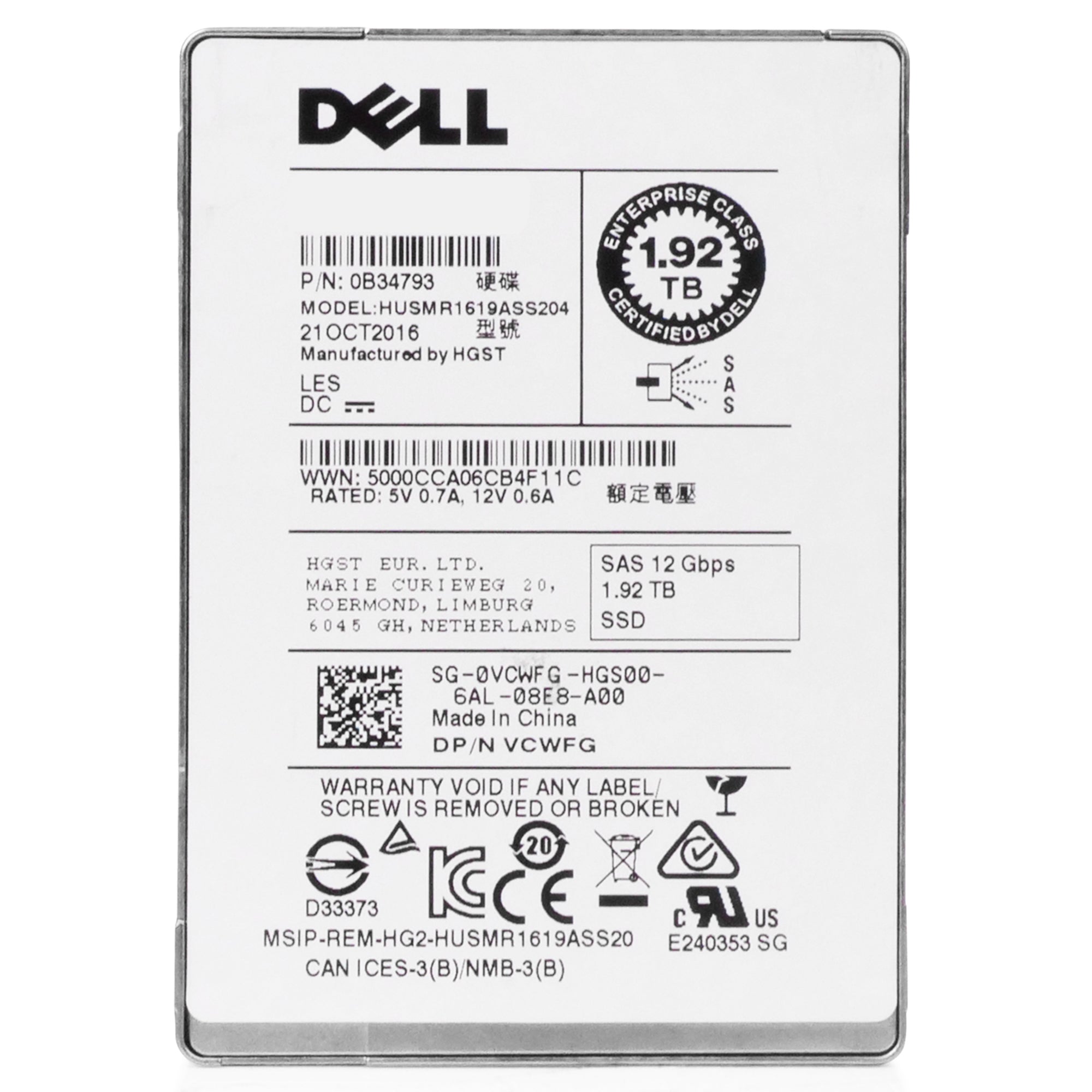 Dell/HGST Ultrastar SSD1600MR HUSMR1619ASS204 0B34793 1.92TB 1 DWPD SAS 12Gb/s MLC 2.5in Refurbished SSD