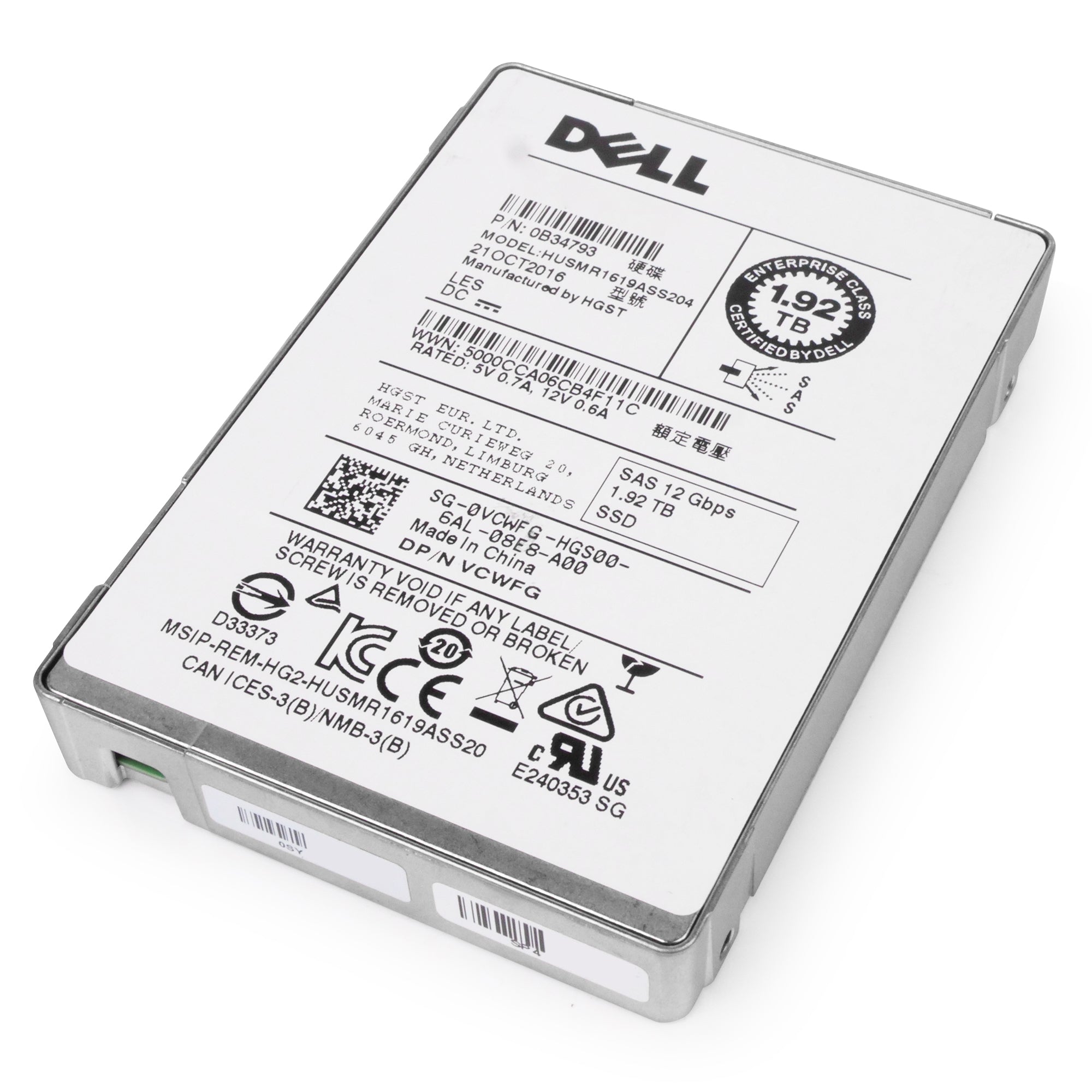 Dell/HGST Ultrastar SSD1600MR HUSMR1619ASS204 0B34793 1.92TB 1 DWPD SAS 12Gb/s MLC 2.5in Refurbished SSD