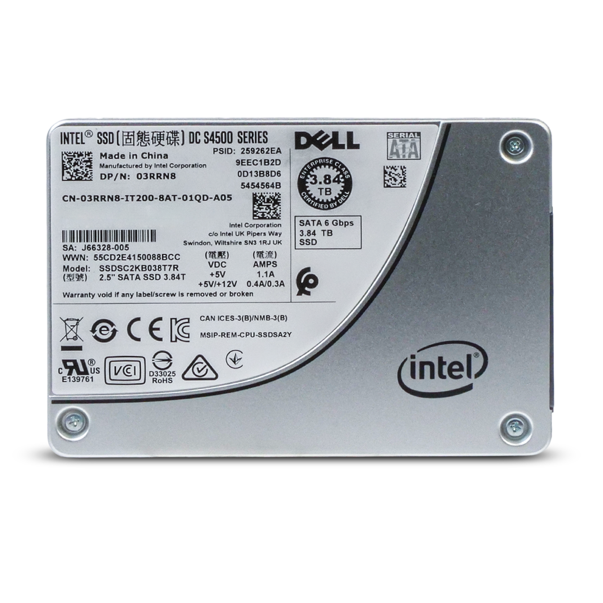 Dell/Intel DC S4500 SSDSC2KB038T7R 3.84TB 1 DWPD SATA 6Gb/s 3D TLC 2.5in Refurbished SSD