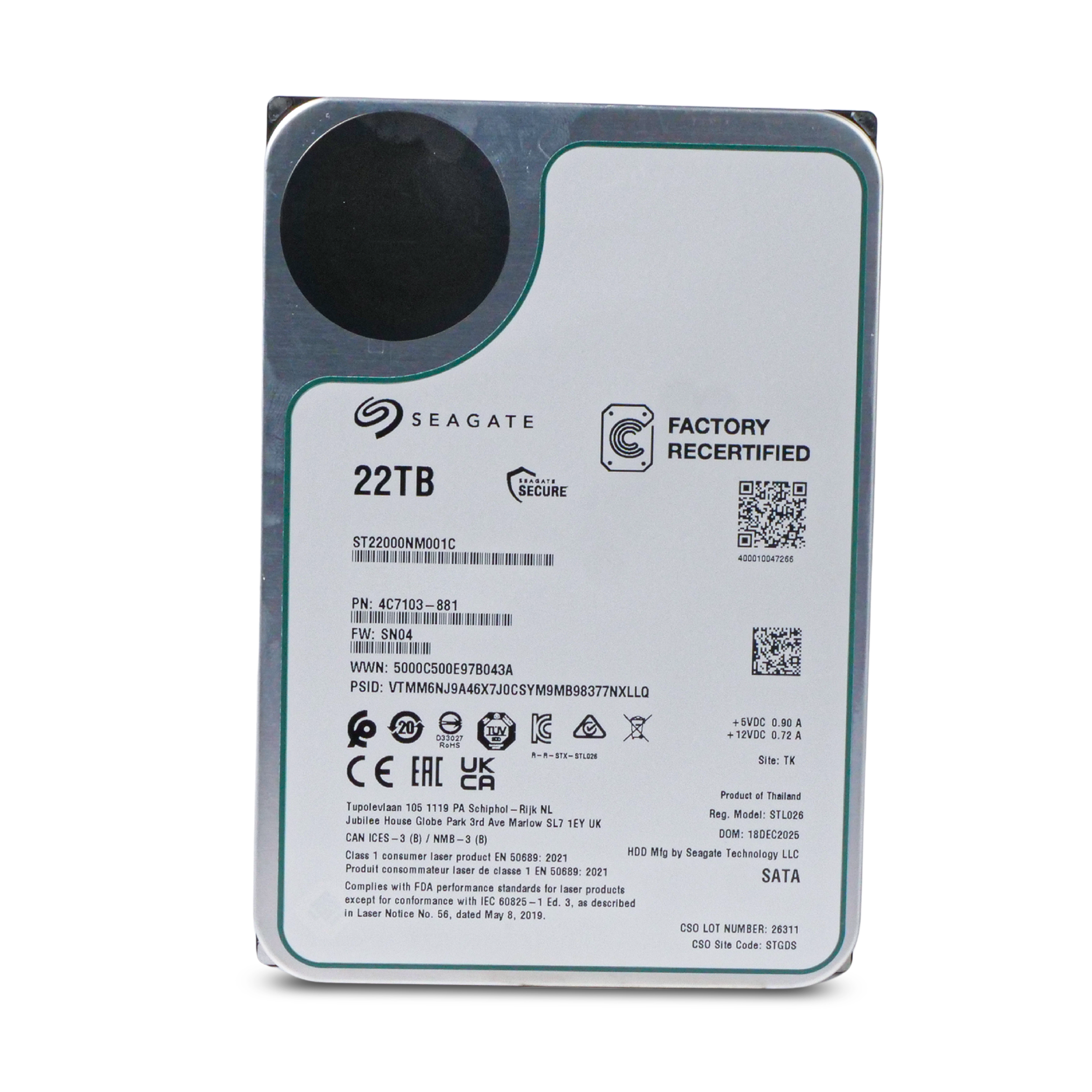 Seagate Exos ST22000NM001C 22TB 7.2K RPM SATA 6Gb/s 512e 512MB 3.5in Recertified HDD