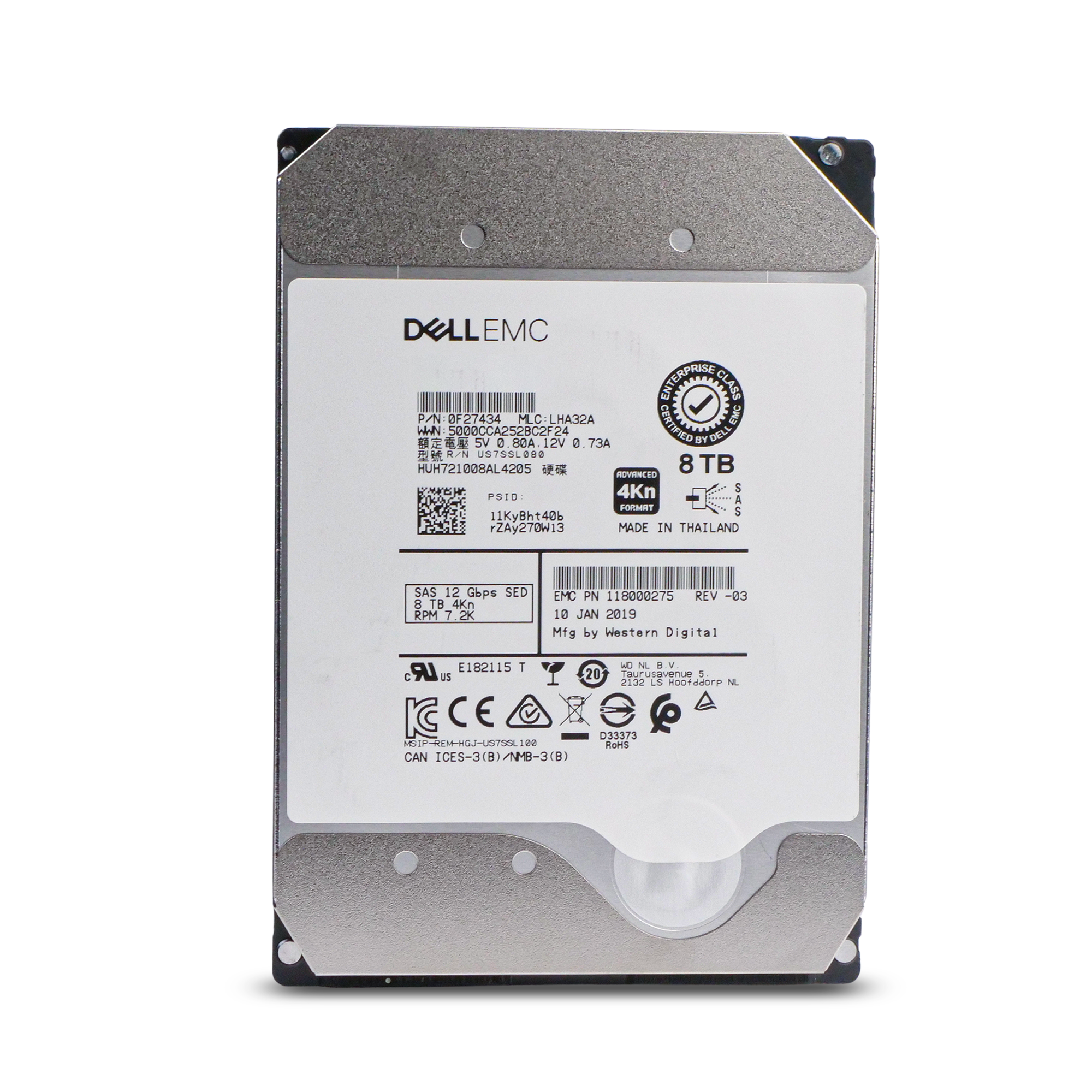 Dell/Western Digital Ultrastar DC HC510 HUH721008AL4205 0F27409 8TB 7.2K RPM SAS 12Gb/s 4Kn 256MB 3.5in Refurbished HDD