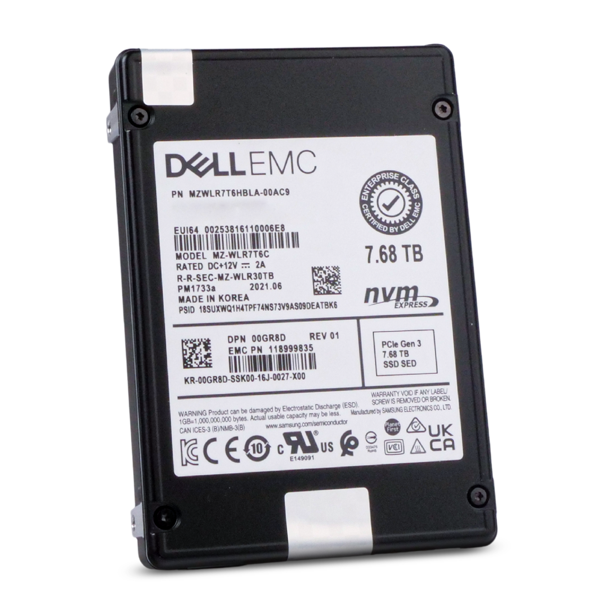 Dell/Samsung PM1733a MZWLR7T6HBLA 7.68TB 1 DWPD PCIe Gen 3.0 x4 4GB/s 3D TLC U.2 NVMe 2.5in Refurbished SSD