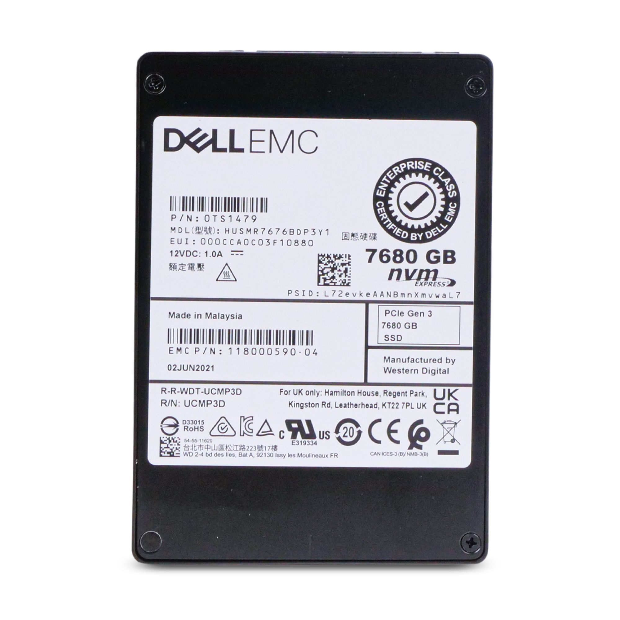 Dell/Western Digital Ultrastar DC SN200 HUSMR7676BDP3Y1 0TS1479 7.68TB 1 DWPD PCIe Gen 3.0 x4 4GB/s MLC U.2 NVMe 2.5in Refurbished SSD