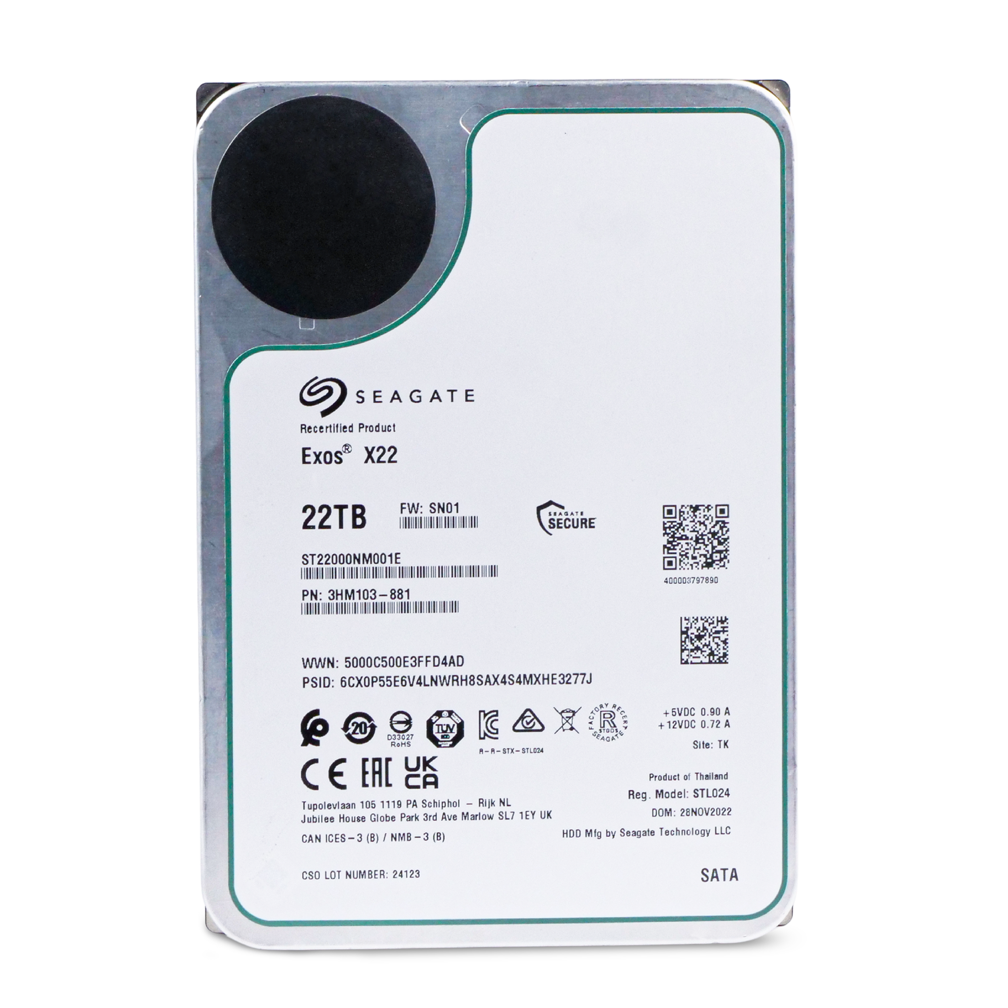 Seagate Exos X22 ST22000NM001E 22TB 7.2K RPM SATA 6Gb/s 512e 3.5in Refurbished HDD