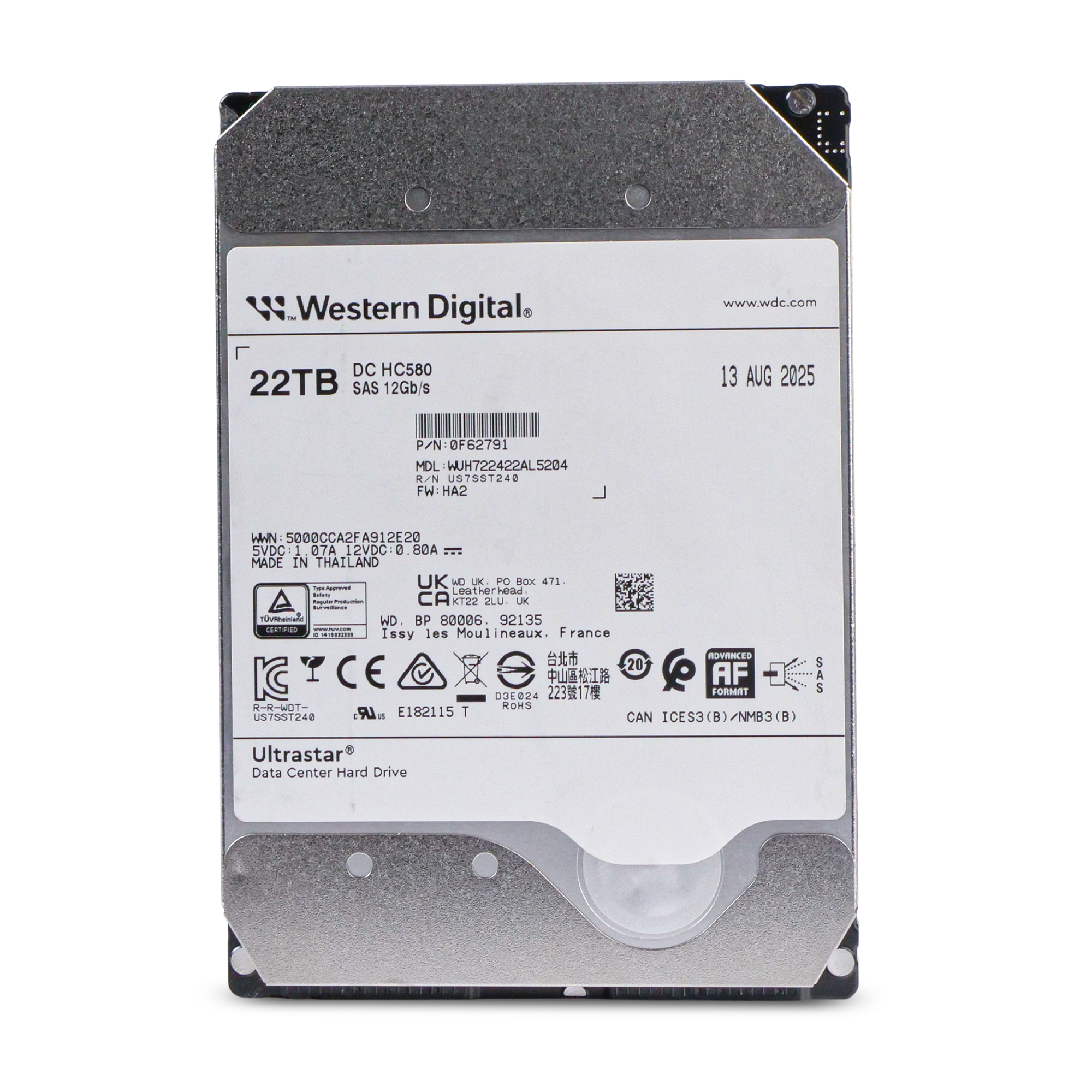Western Digital Ultrastar DC HC580 WUH722422AL5204 0F62791 22TB 7.2K RPM SAS 12Gb/s 512e 512MB 3.5in HDD