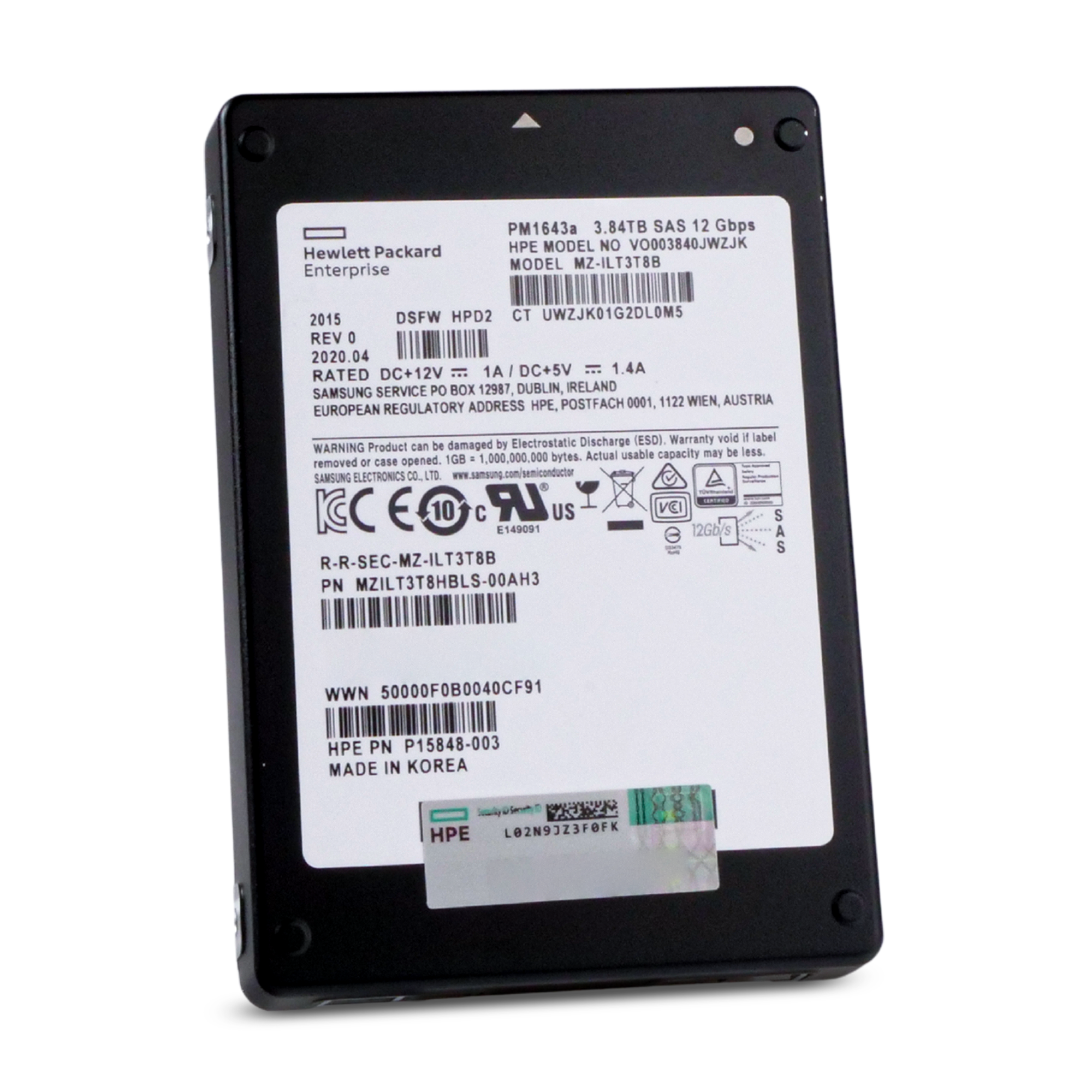 HP/Samsung PM1643a MZILT3T8HBLS 3.84TB SAS 12Gb/s 3D TLC 1 DWPD 2.5in Refurbished SSD