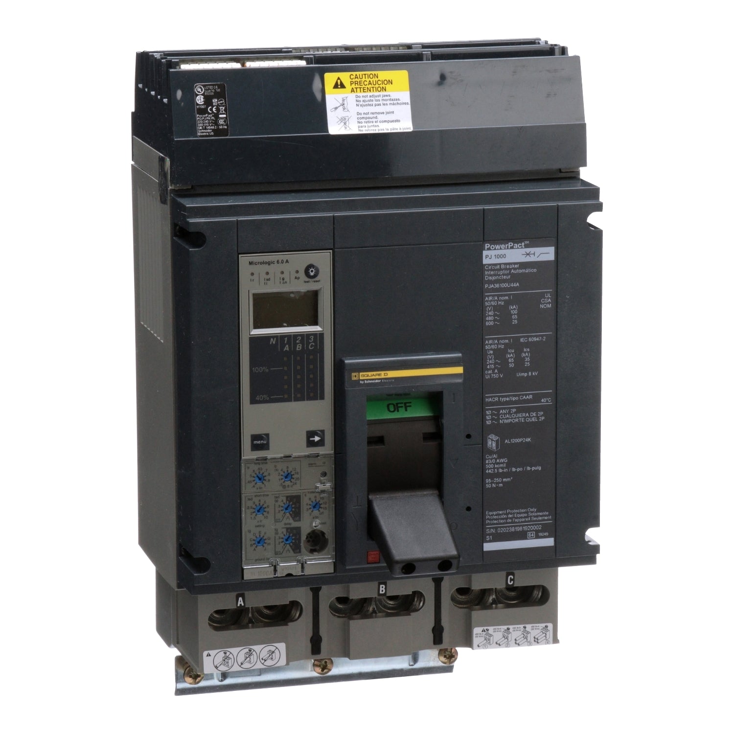 PJA36100U44A | Square D PowerPacT P 1000A 3-Pole 600VAC I-Line Molded Case Circuit Breaker