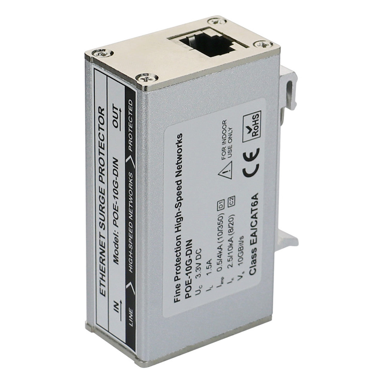 POE-10G-DIN - Full 8 pin Cat6A RJ45 10G Ethernet surge protector with PoE support and DIN rail mount system