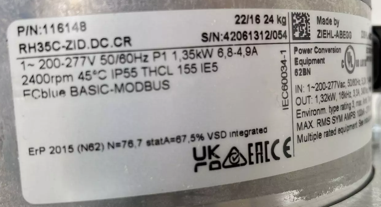 RH35C-ZID.DG.CR ZIEHL-ABEGG centrifugal fan 1.35 kW 380/480V 6.8/4.9A