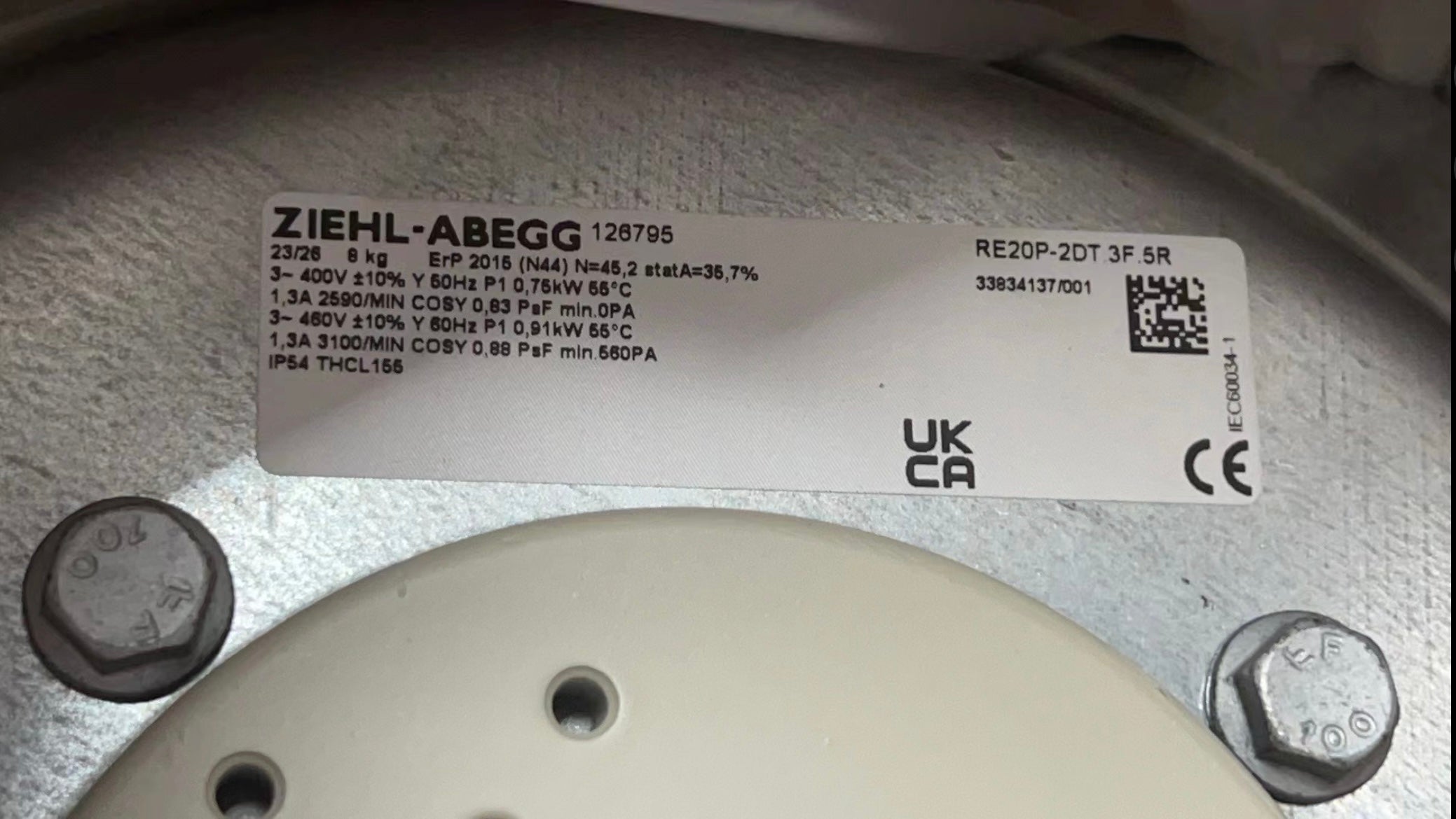 RE20P-2DT.3F.5R Motor Fan 400/460V 0.75/0.91kW 1.3A 2590/3100rpm ZIEHL-ABEGG centrifugal fan