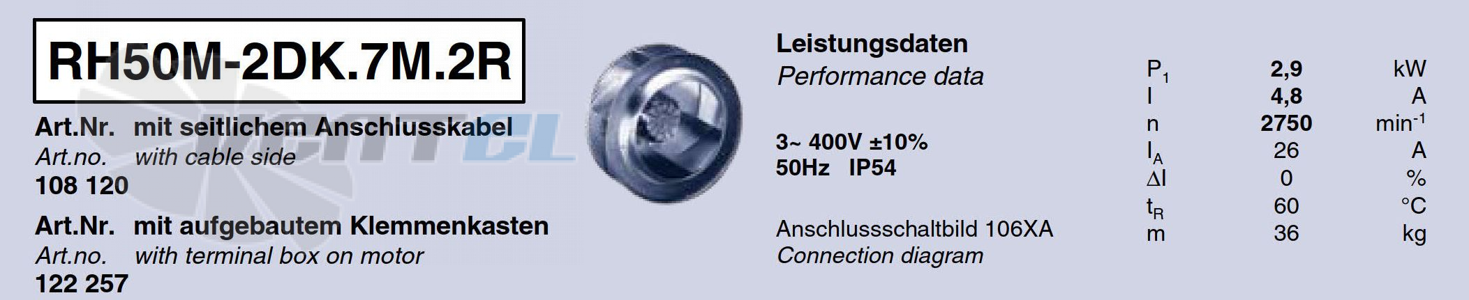 Brand new RH50M-2DK.7M.2R ZIEHL-ABEGG centrifugal fan | 3~400V | 2750RPM 2.9kW 4.8A