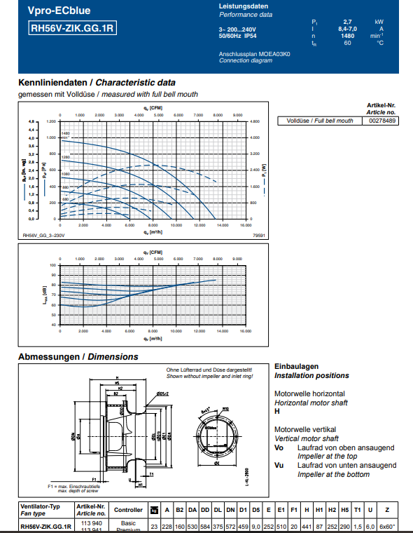 RH56V-ZIK.GG.1R ZIEHL-ABEGG centrifugal fan 2.7KW 380/480V 8.4/7.0A 1480RPM industrial cooling fan