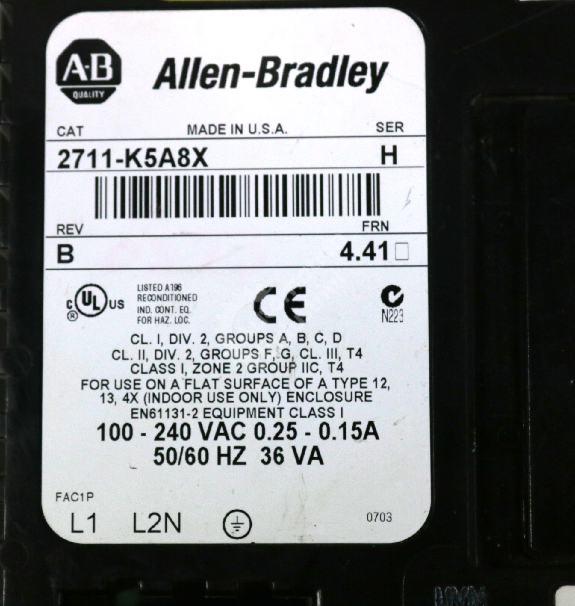 2711-K5A8X By Allen Bradley 100-240VAC 5.3In Panelview 550 Operator Interface