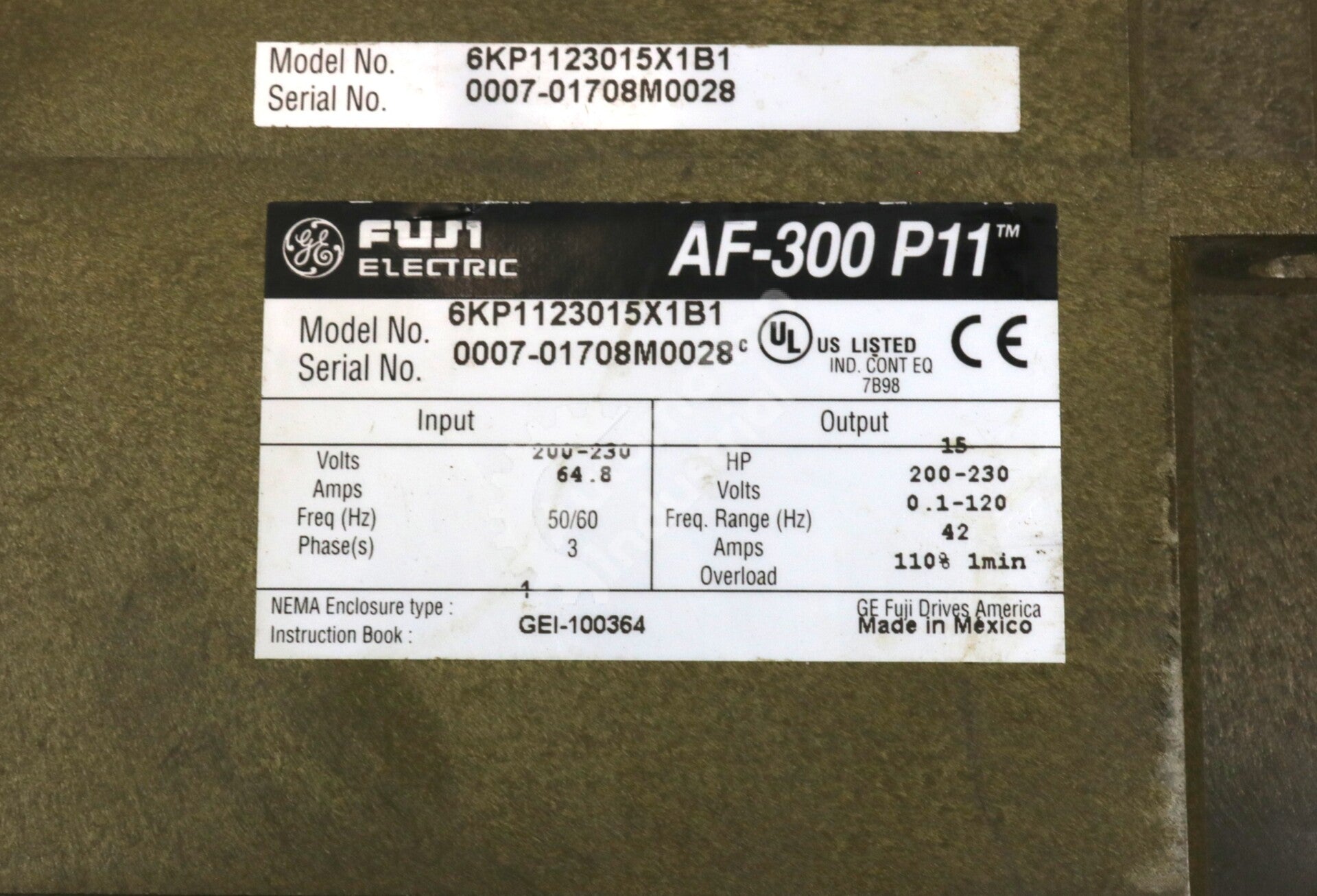 6KP1123015X1B1 By GE Fuji 3-Phase 203VAC 15HP AF-300 P11 Drive