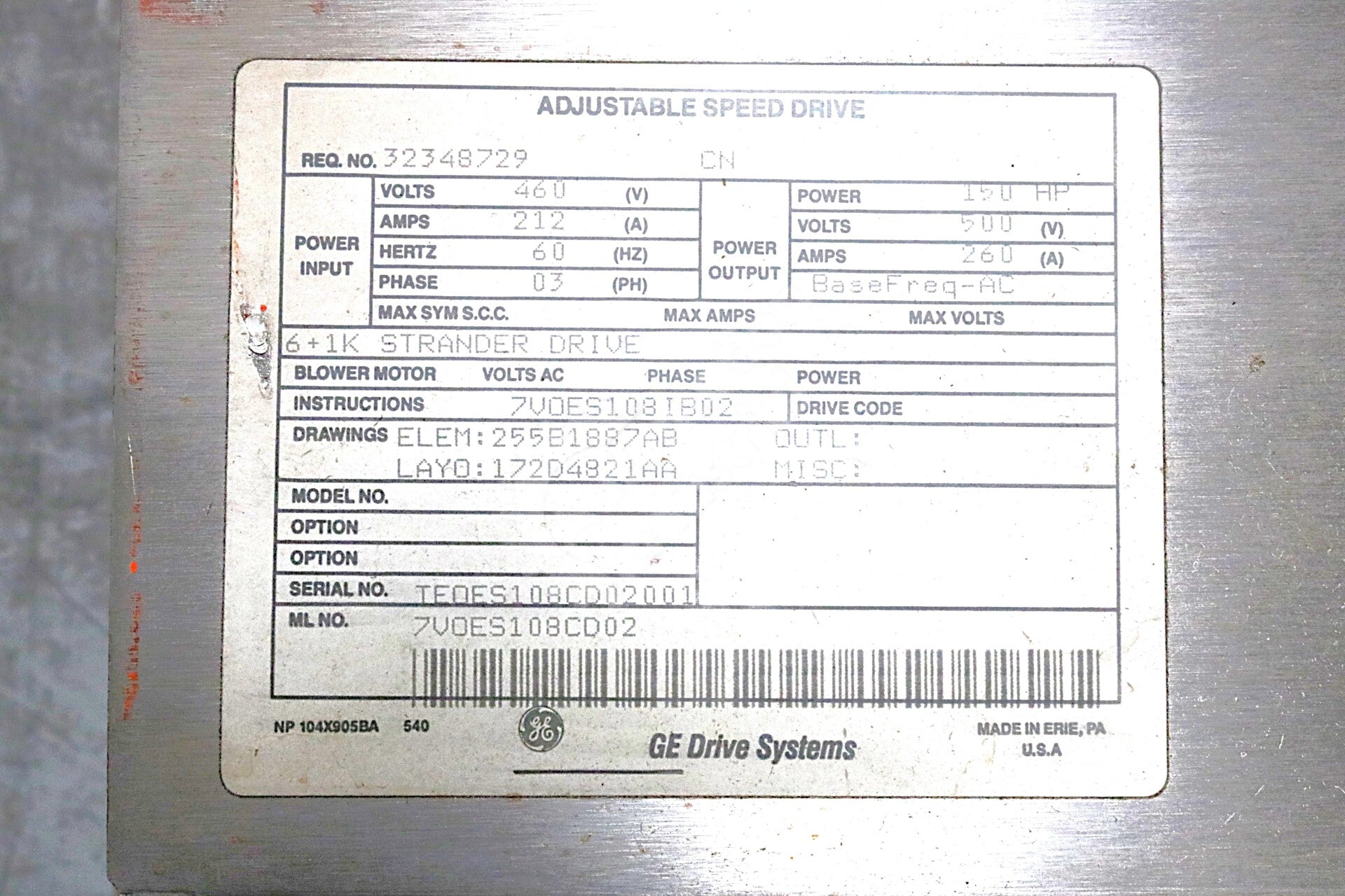 7VOES108CD02 By General Electric 469VAC 150HP Adjustable Speed Drive
