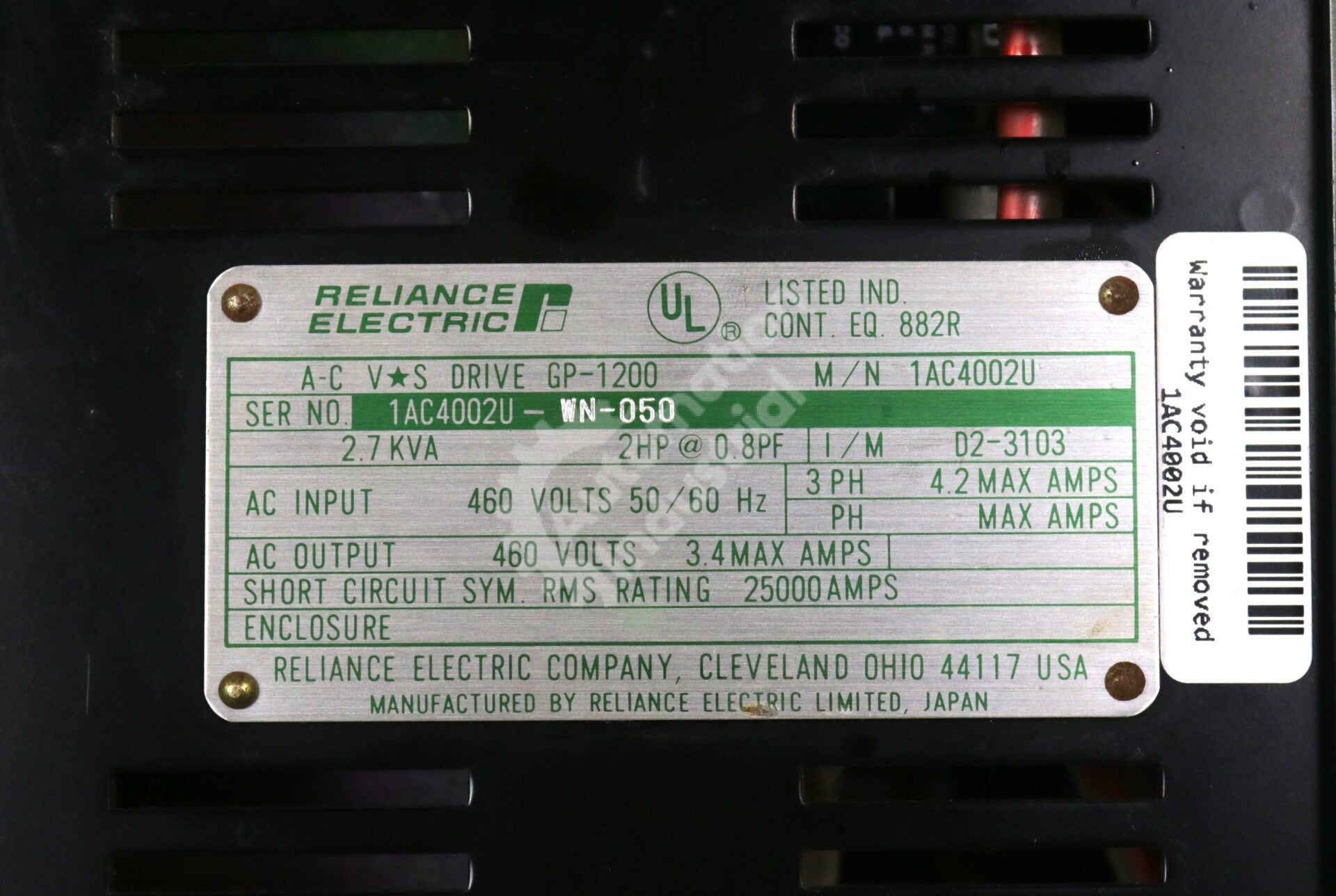 1AC4002U By Reliance Electric 2 HP General Purpose AC Drive GP-1200 Series