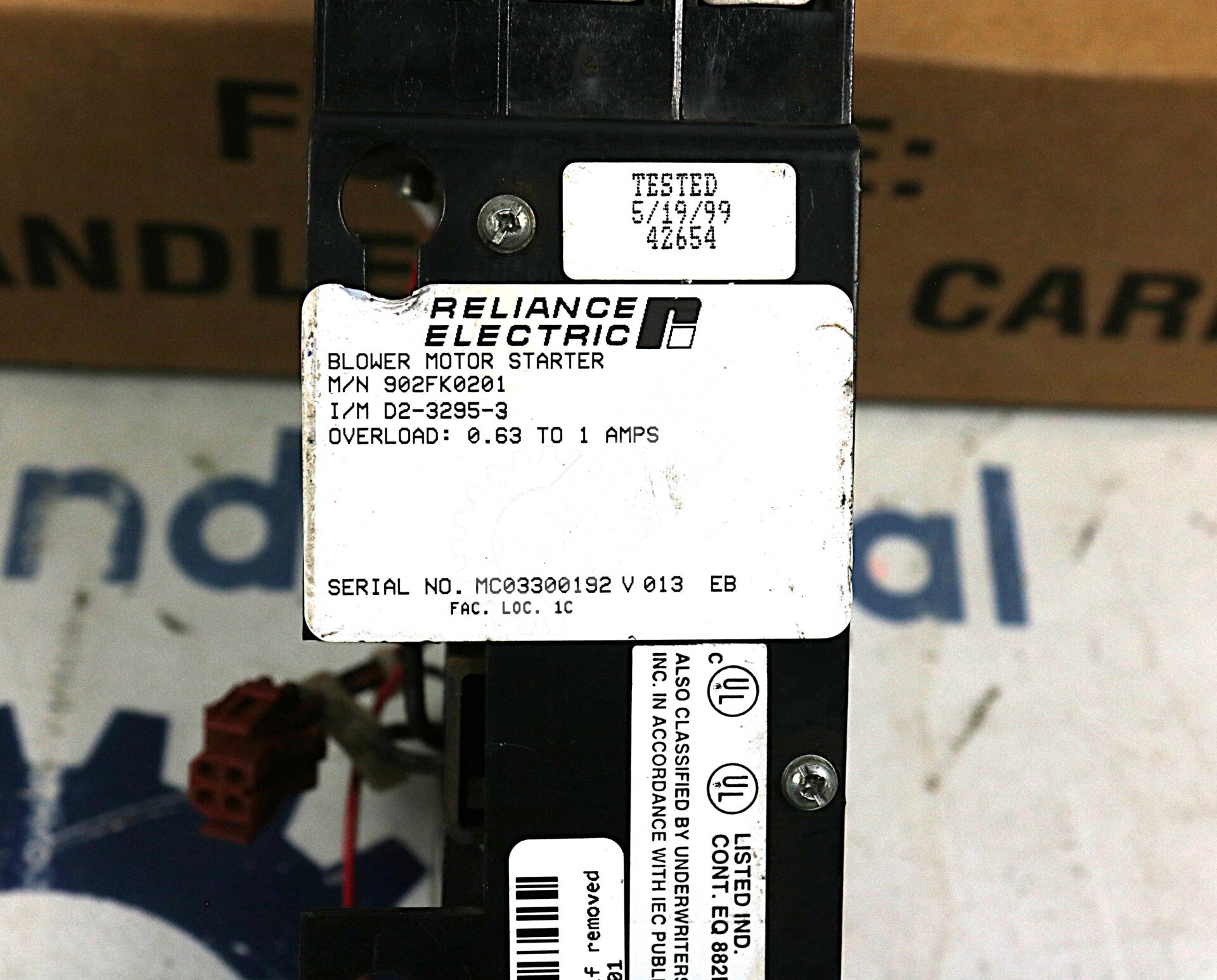 902FK0201 By Reliance Electric D2-3295-3 1 AMP Blower Motor Starter
