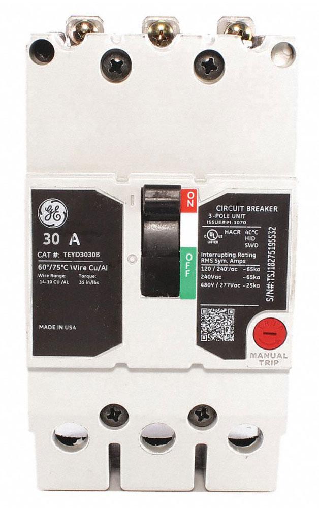 General Electric TEYD3030B 30A 3-Pole Molded Case Circuit Breaker 480/277VAC Bolt-On