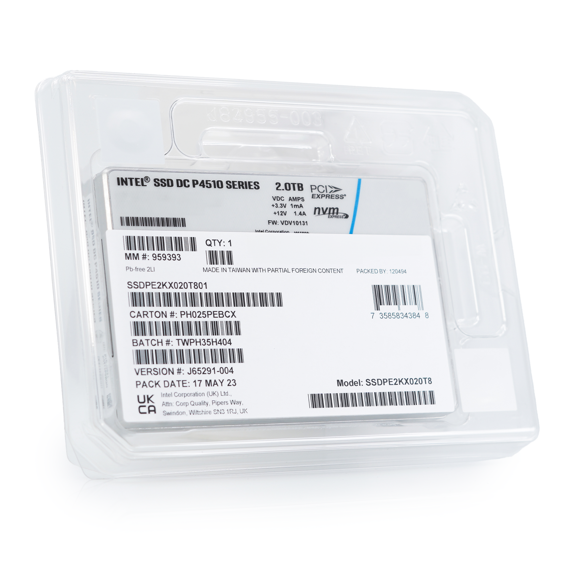 Intel P4510 SSDPE2KX020T8 2TB PCIe Gen 3.1 x4 4GB/s U.2 NVMe 2.5in Enterprise Solid State Drive