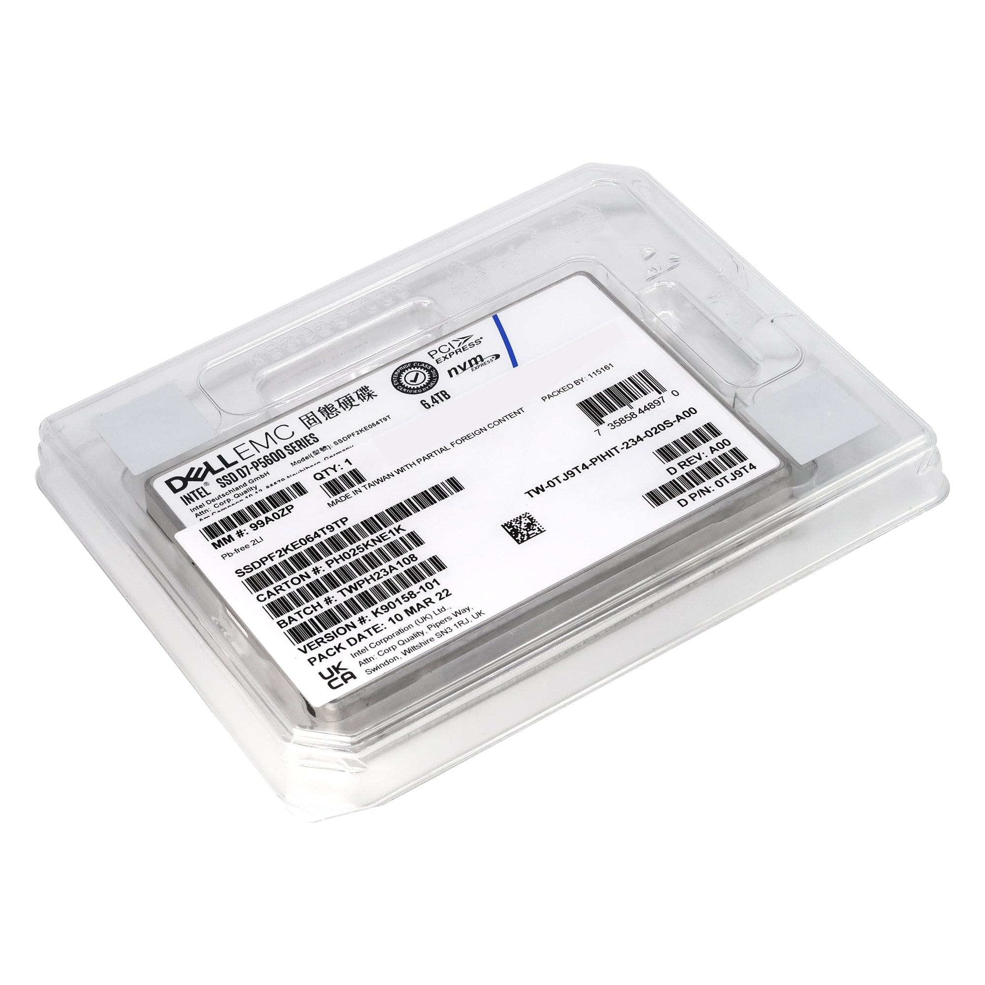 Dell D7-P5600 SSDPF2KE064T9TP 0TJ9T4 6.4TB PCIe Gen 4.0 x4 8GB/s 3D TLC 3DWPD SED U.2 NVMe 2.5in Solid State Drive