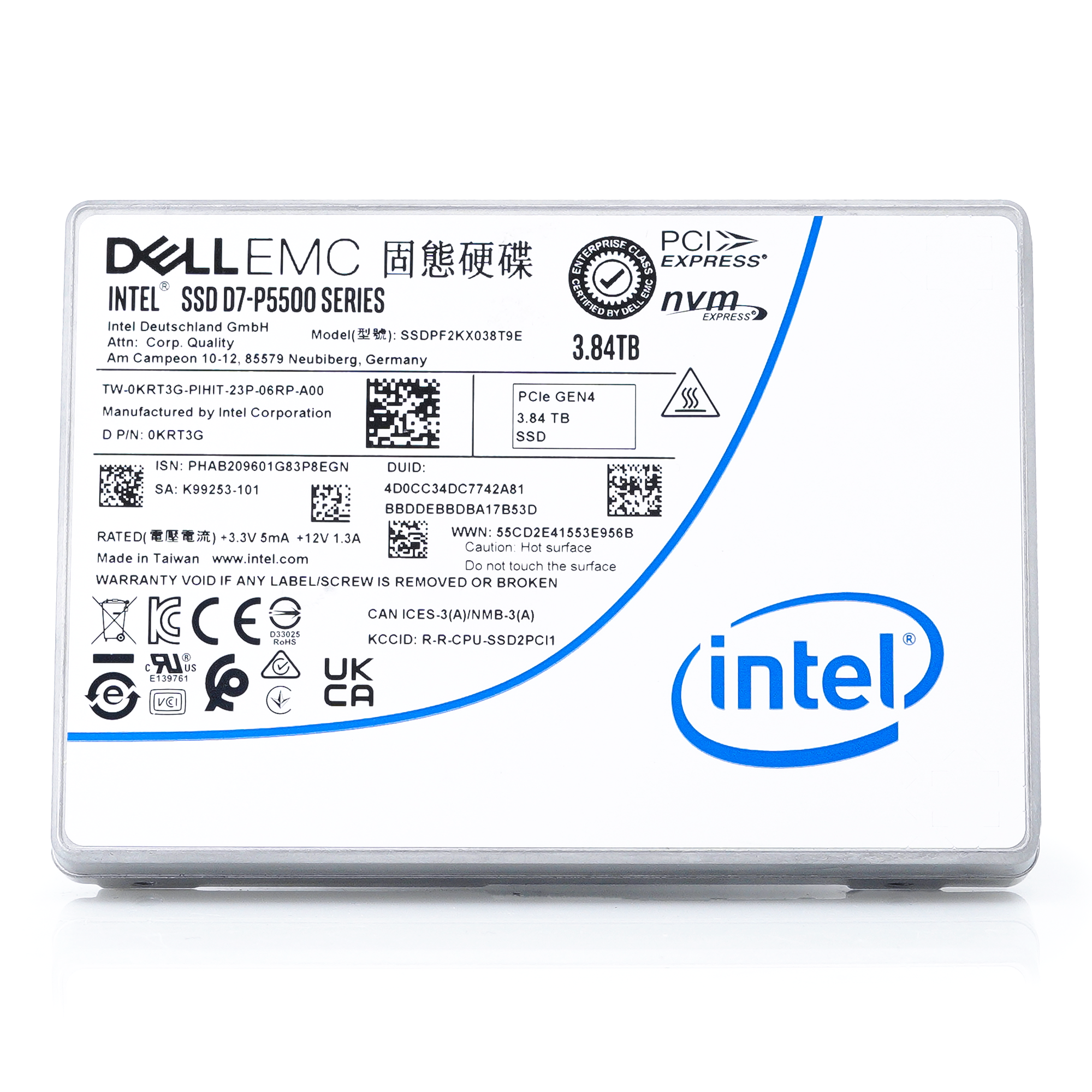 Dell D7-P5500 SSDPF2KX038T9TO 0KRT3G 3.84TB PCIe Gen 4.0 X4 8GB/s 3D TLC 1DWPD U.2 NVMe 2.5in Solid State Drive