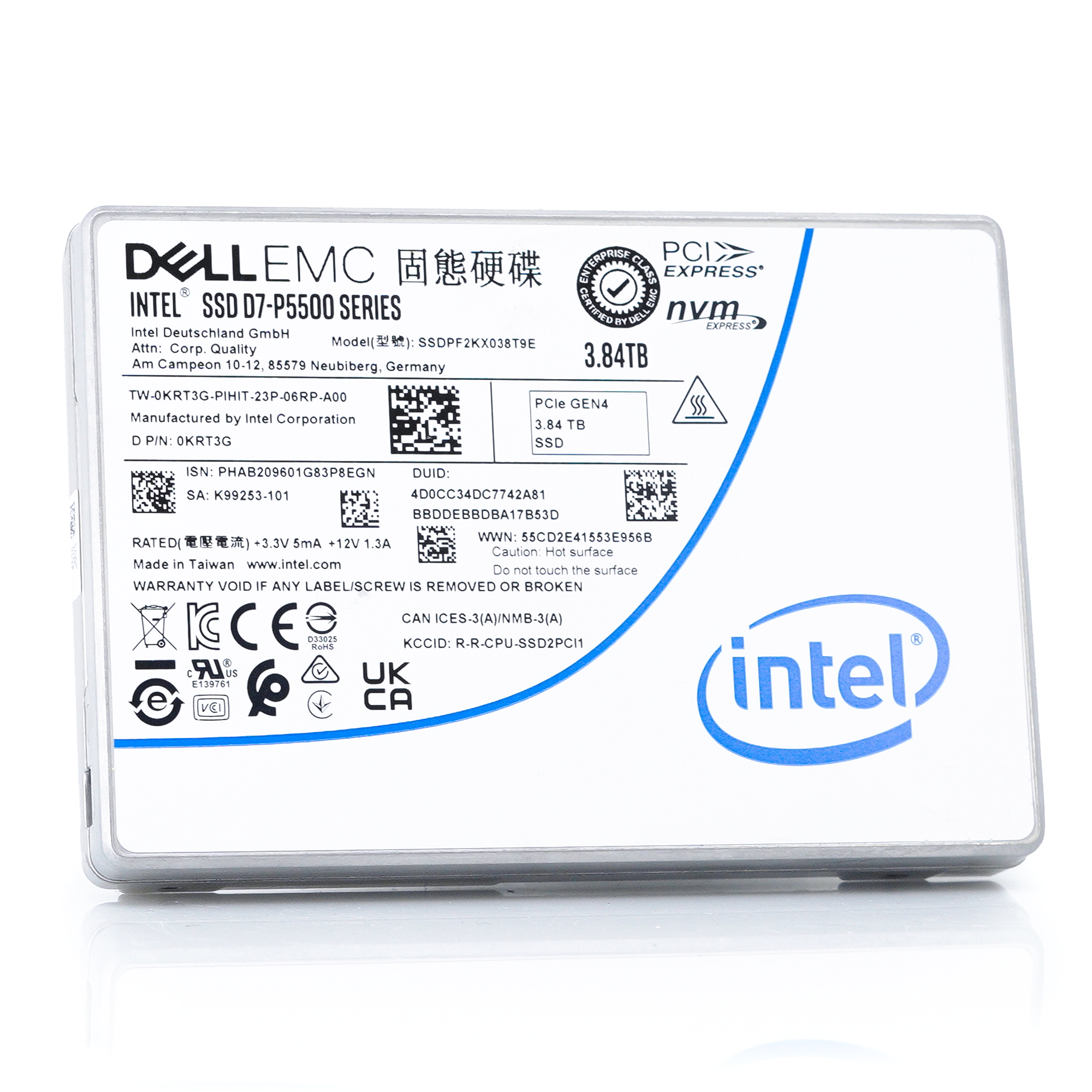 Dell D7-P5500 SSDPF2KX038T9TO 0KRT3G 3.84TB PCIe Gen 4.0 X4 8GB/s 3D TLC 1DWPD U.2 NVMe 2.5in Solid State Drive
