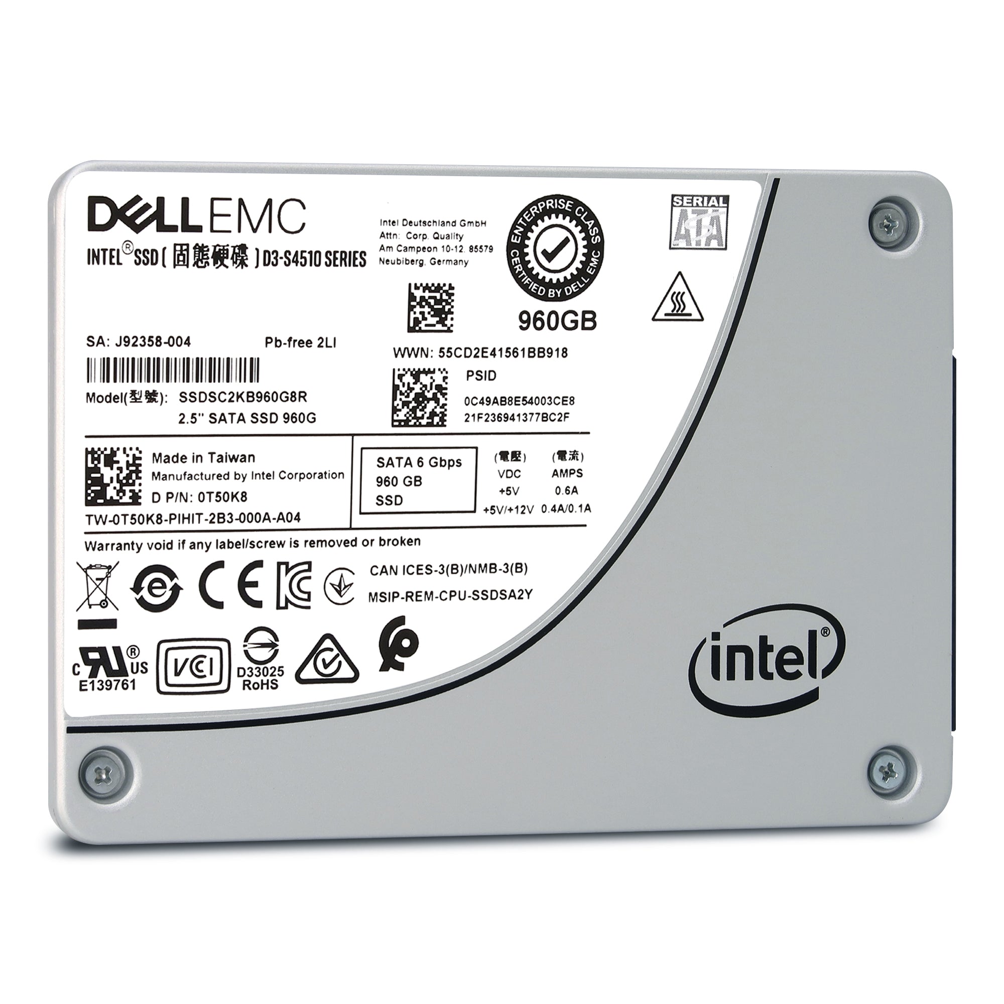 Dell D3-S4510 SSDSC2KB960G8R1 0T50K8 960GB SATA 6Gb/s 3D TLC 2DWPD 2.5in Recertified Solid State Drive