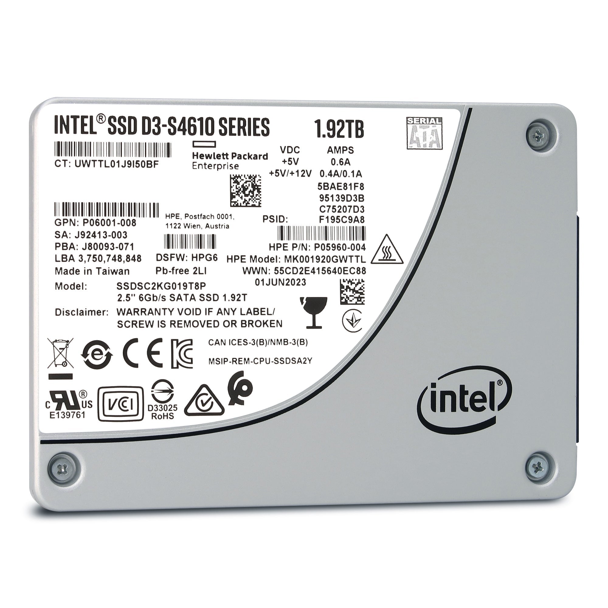 HP D3-S4610 SSDSC2KG019T8P1 P05960-004 1.92TB SATA 6Gb/s 3D TLC 3DWPD 2.5in Solid State Drive