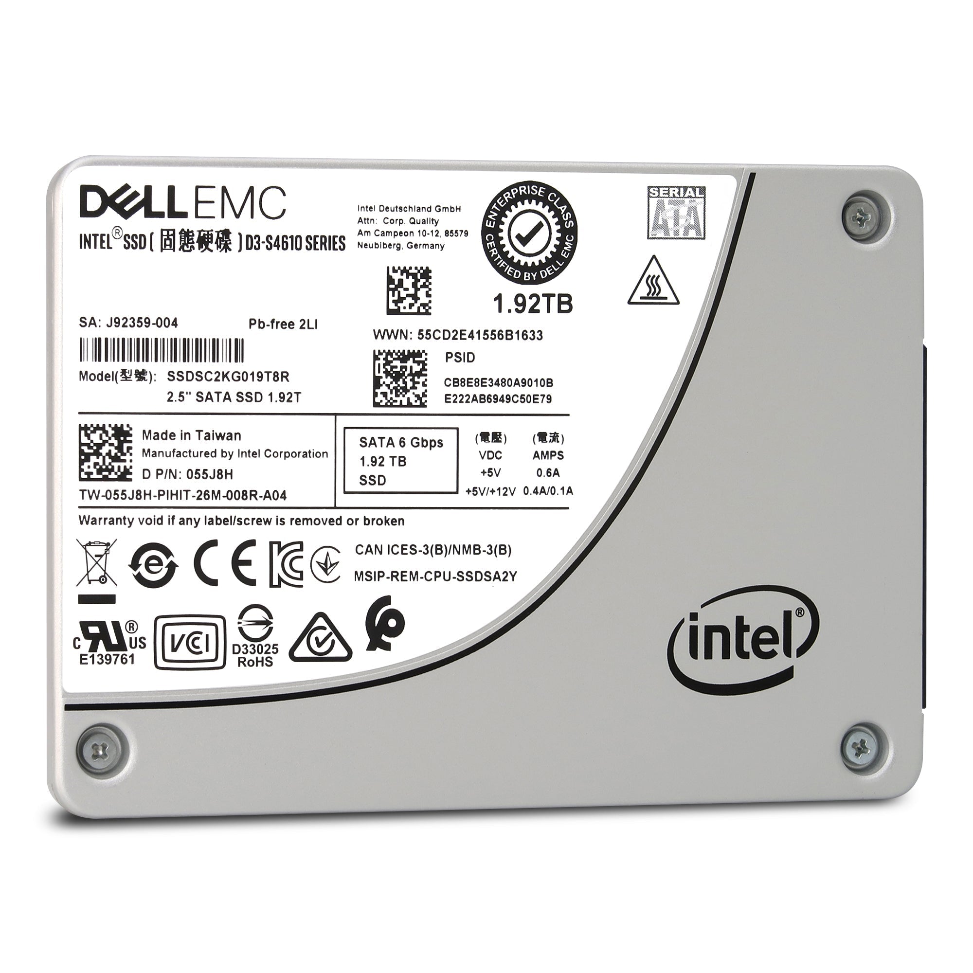 Dell D3-S4610 SSDSC2KG019T8R 055J8H 1.92TB SATA 6Gb/s 3D TLC 3DWPD 2.5in Solid State Drive